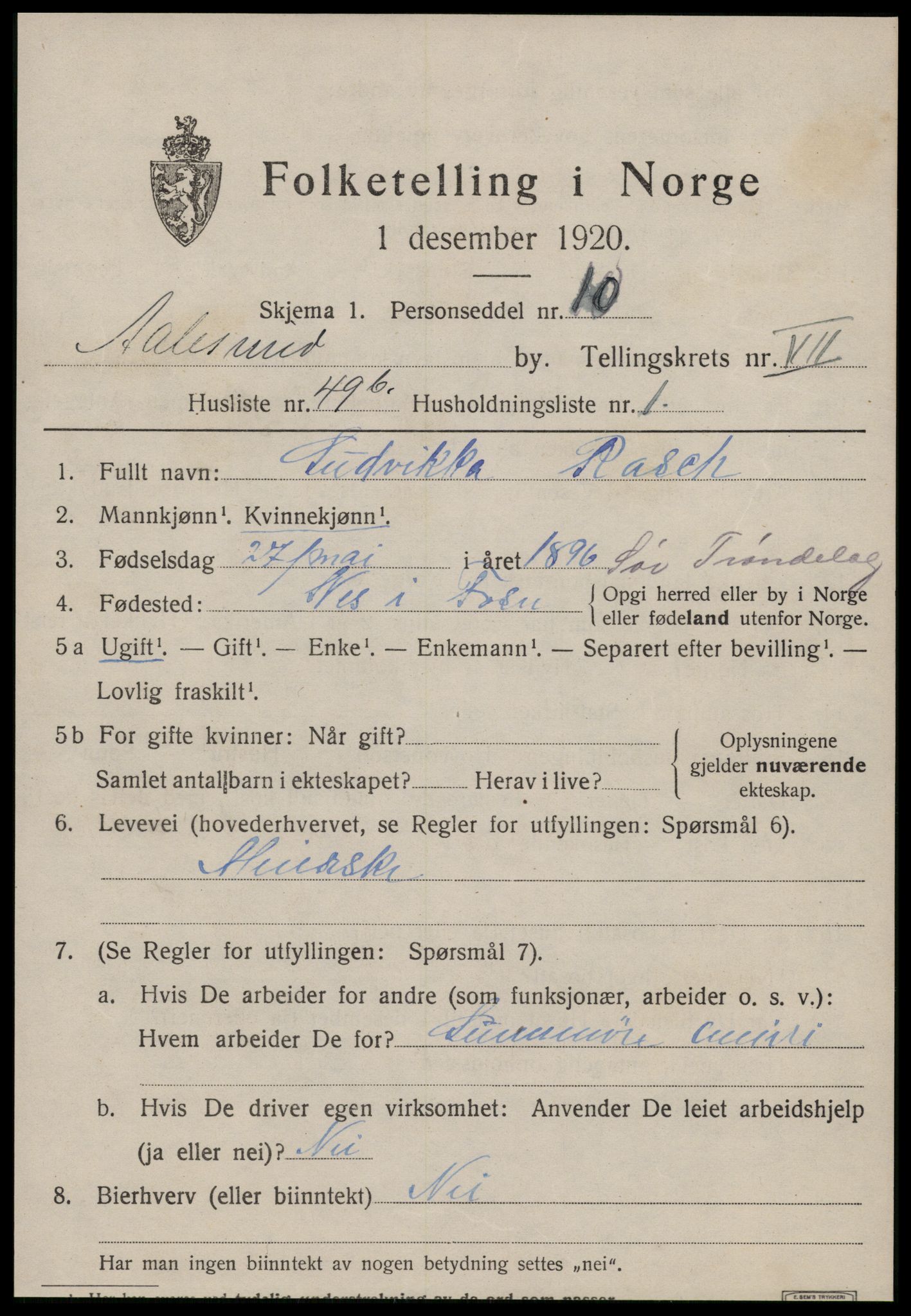 SAT, 1920 census for Ålesund, 1920, p. 21016