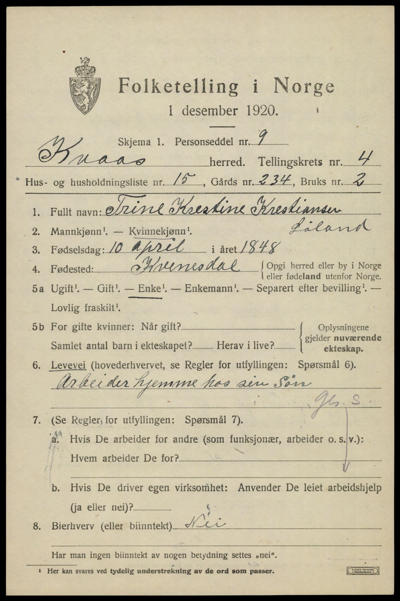 SAK, 1920 census for Kvås, 1920, p. 1284