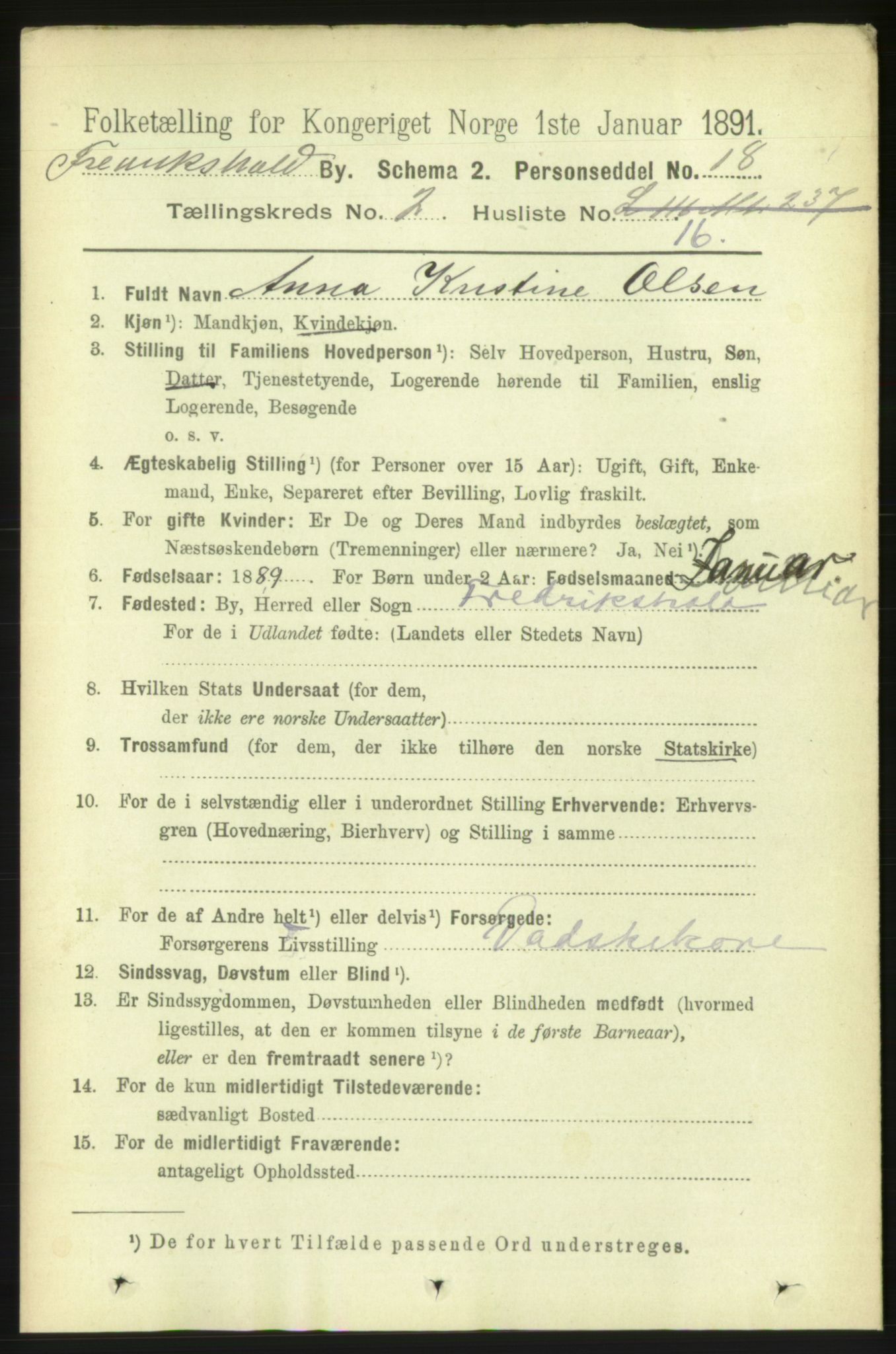 RA, 1891 census for 0101 Fredrikshald, 1891, p. 2837