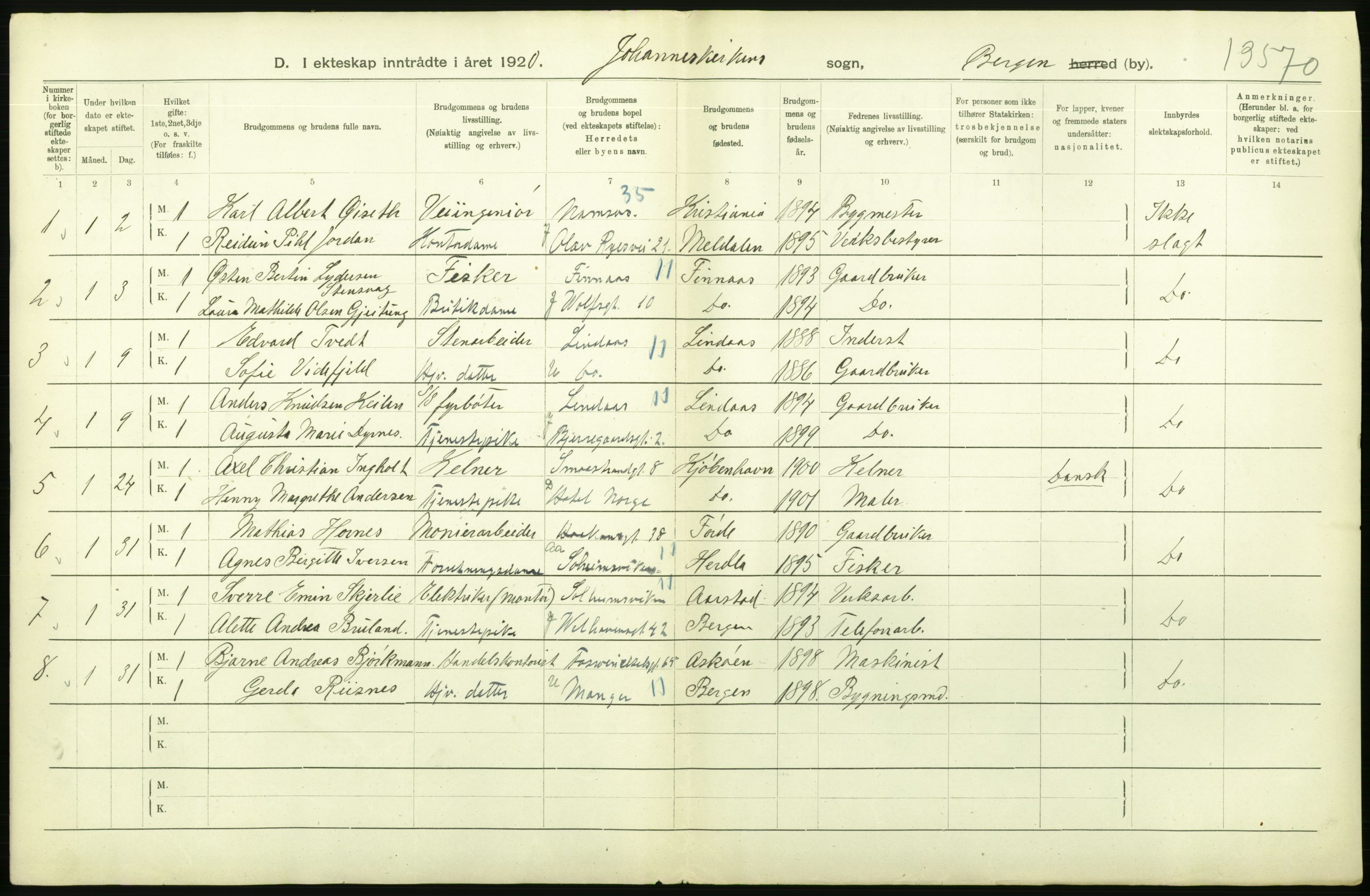 Statistisk sentralbyrå, Sosiodemografiske emner, Befolkning, AV/RA-S-2228/D/Df/Dfb/Dfbj/L0042: Bergen: Gifte, døde, dødfødte., 1920, p. 184