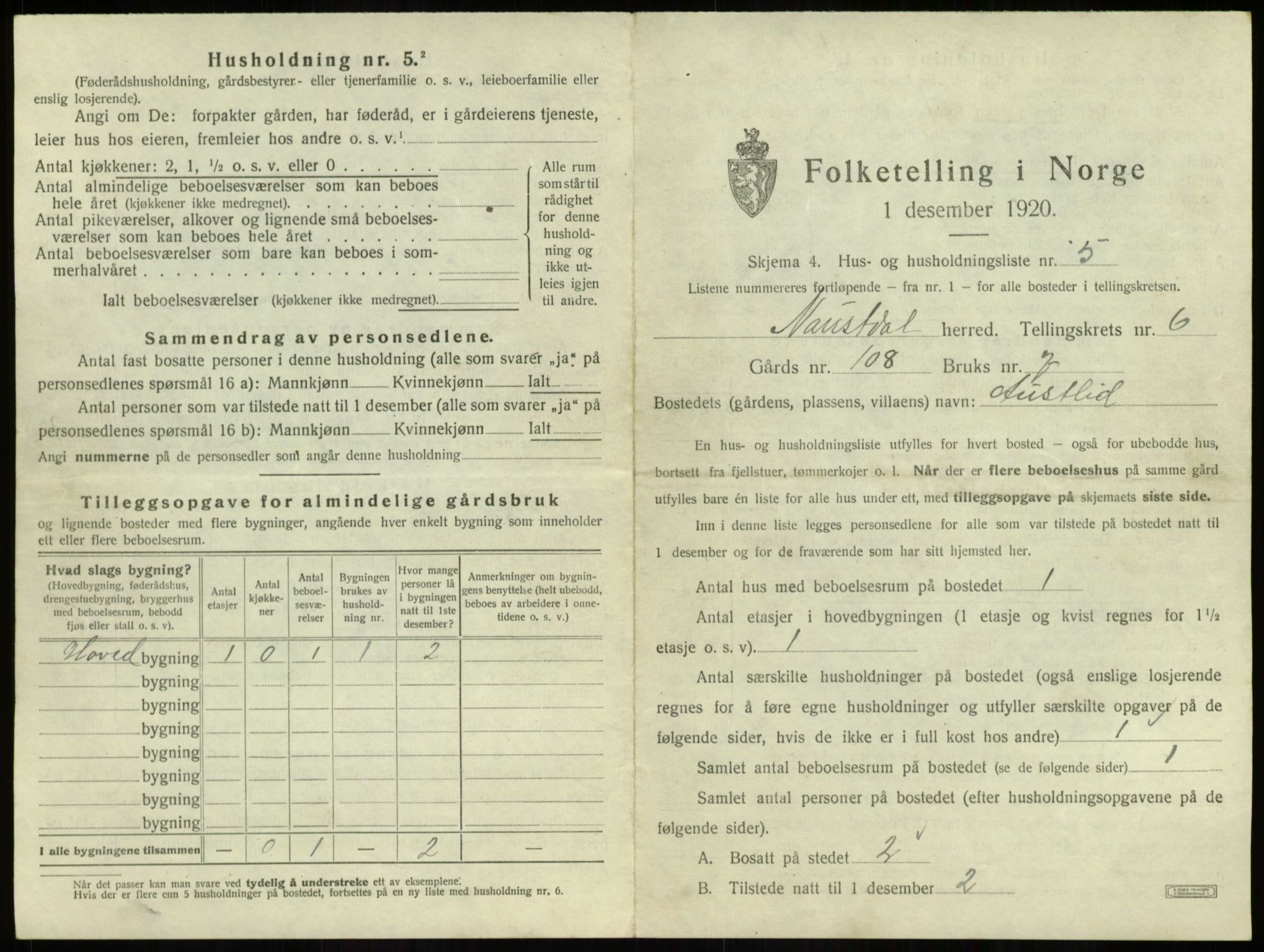 SAB, 1920 census for Naustdal, 1920, p. 520