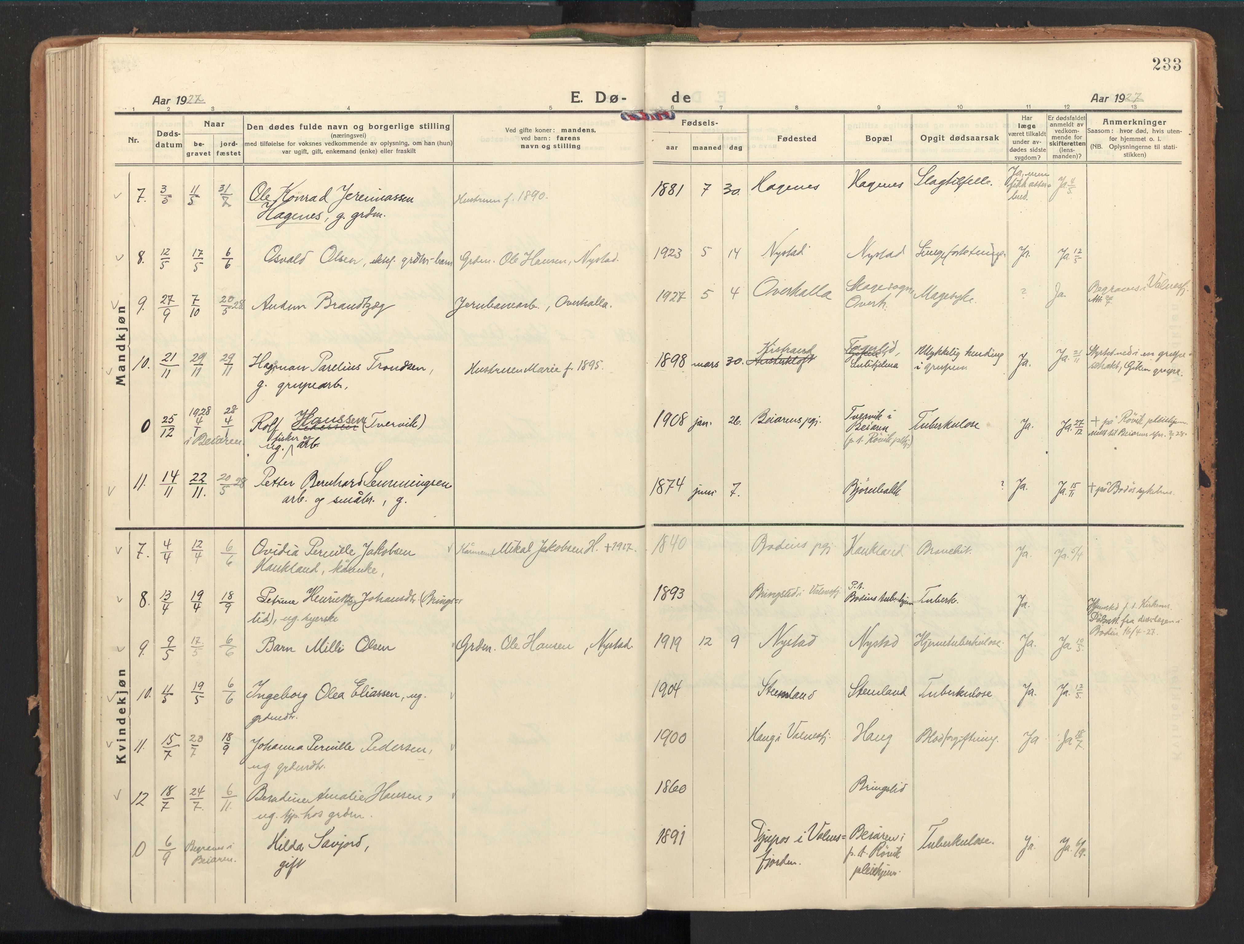 Ministerialprotokoller, klokkerbøker og fødselsregistre - Nordland, SAT/A-1459/851/L0725: Parish register (official) no. 851A02, 1922-1944, p. 233