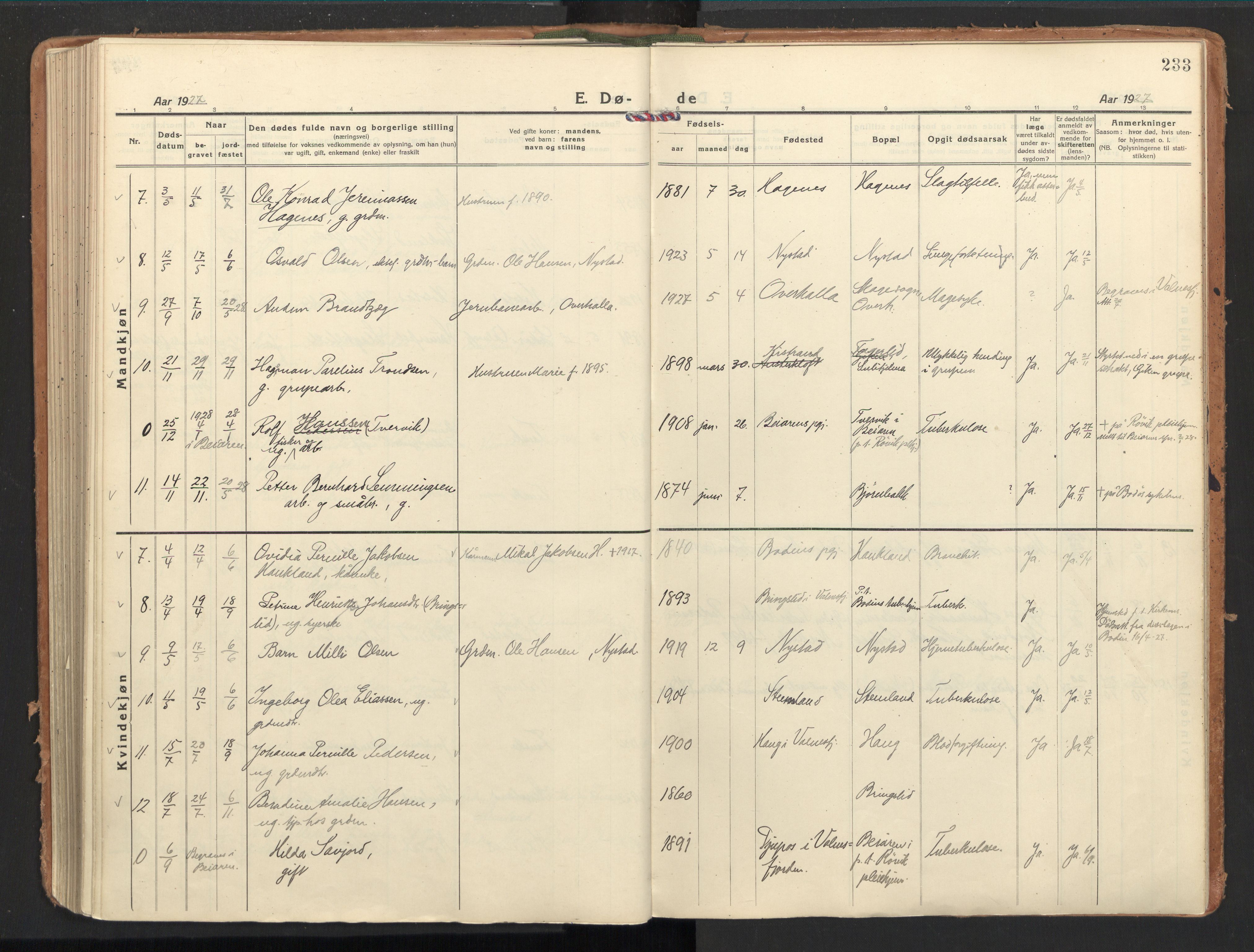 Ministerialprotokoller, klokkerbøker og fødselsregistre - Nordland, AV/SAT-A-1459/851/L0725: Parish register (official) no. 851A02, 1922-1944, p. 233