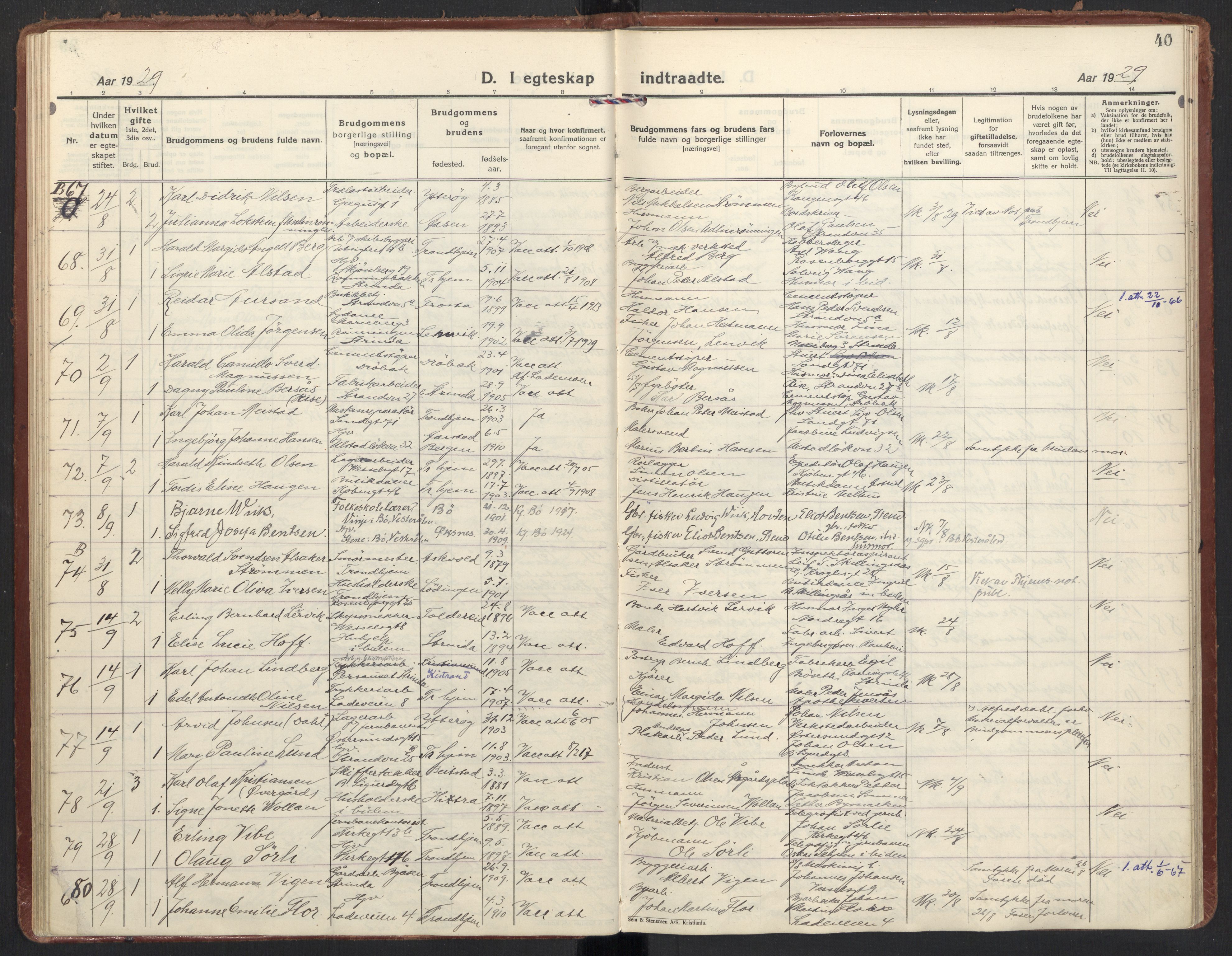 Ministerialprotokoller, klokkerbøker og fødselsregistre - Sør-Trøndelag, AV/SAT-A-1456/605/L0249: Parish register (official) no. 605A11, 1925-1936, p. 40