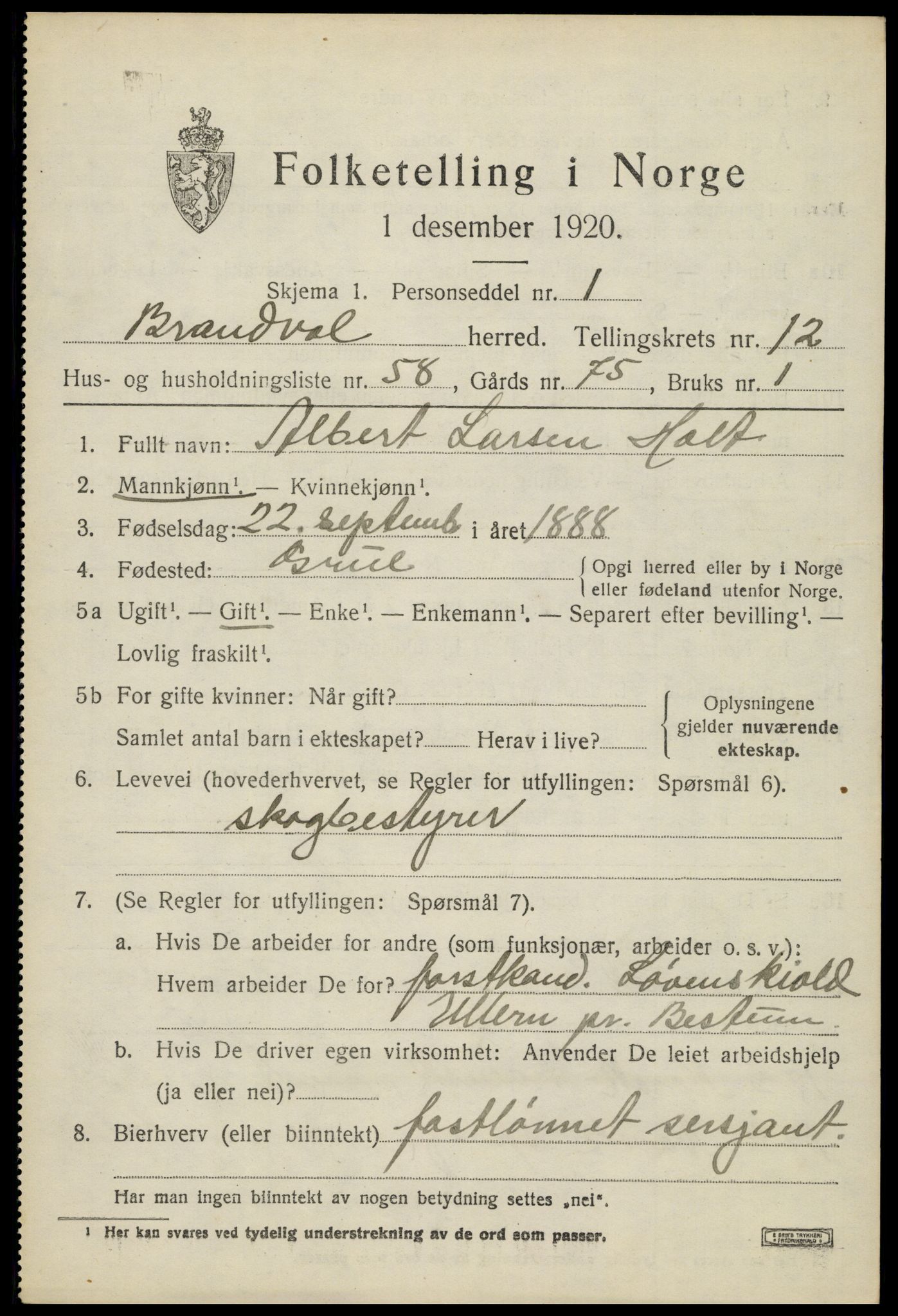 SAH, 1920 census for Brandval, 1920, p. 9130