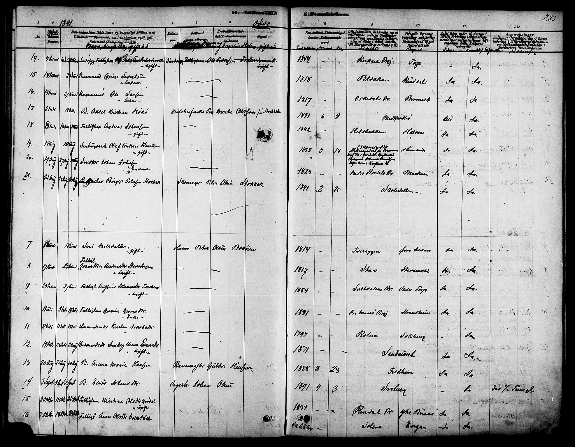 Ministerialprotokoller, klokkerbøker og fødselsregistre - Sør-Trøndelag, AV/SAT-A-1456/616/L0410: Parish register (official) no. 616A07, 1878-1893, p. 283