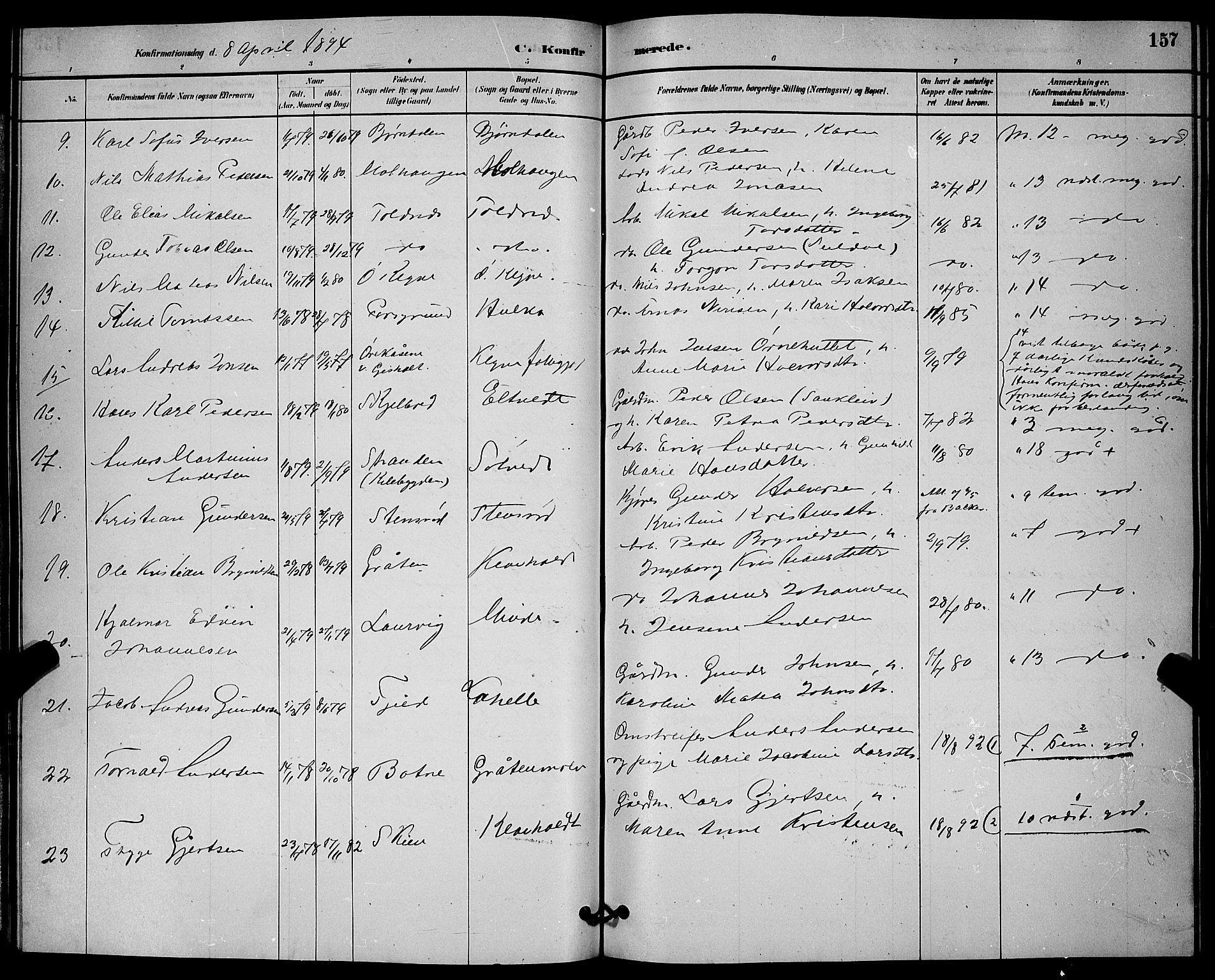 Solum kirkebøker, SAKO/A-306/G/Ga/L0007: Parish register (copy) no. I 7, 1884-1898, p. 157
