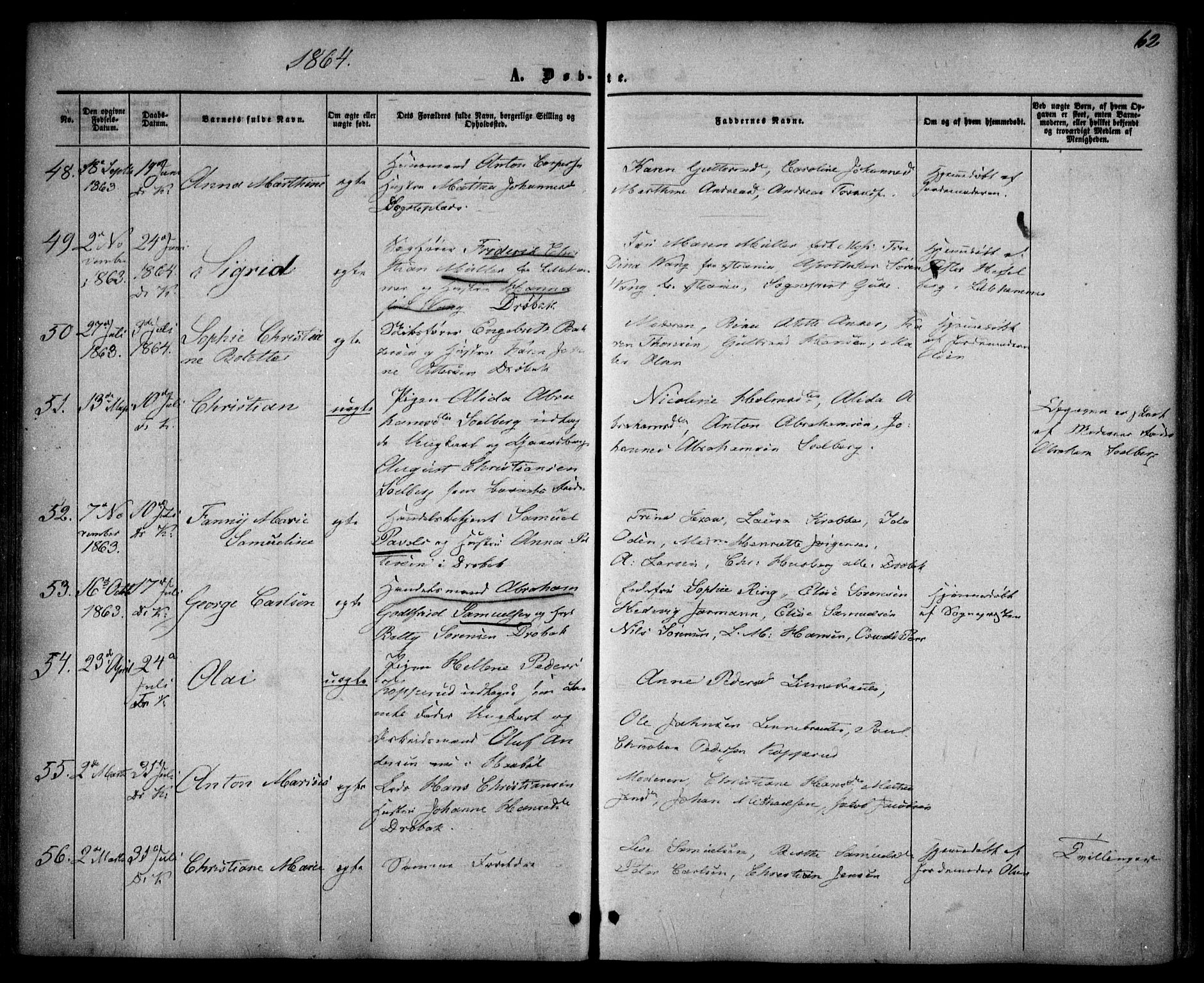 Drøbak prestekontor Kirkebøker, AV/SAO-A-10142a/F/Fa/L0002: Parish register (official) no. I 2, 1858-1870, p. 62