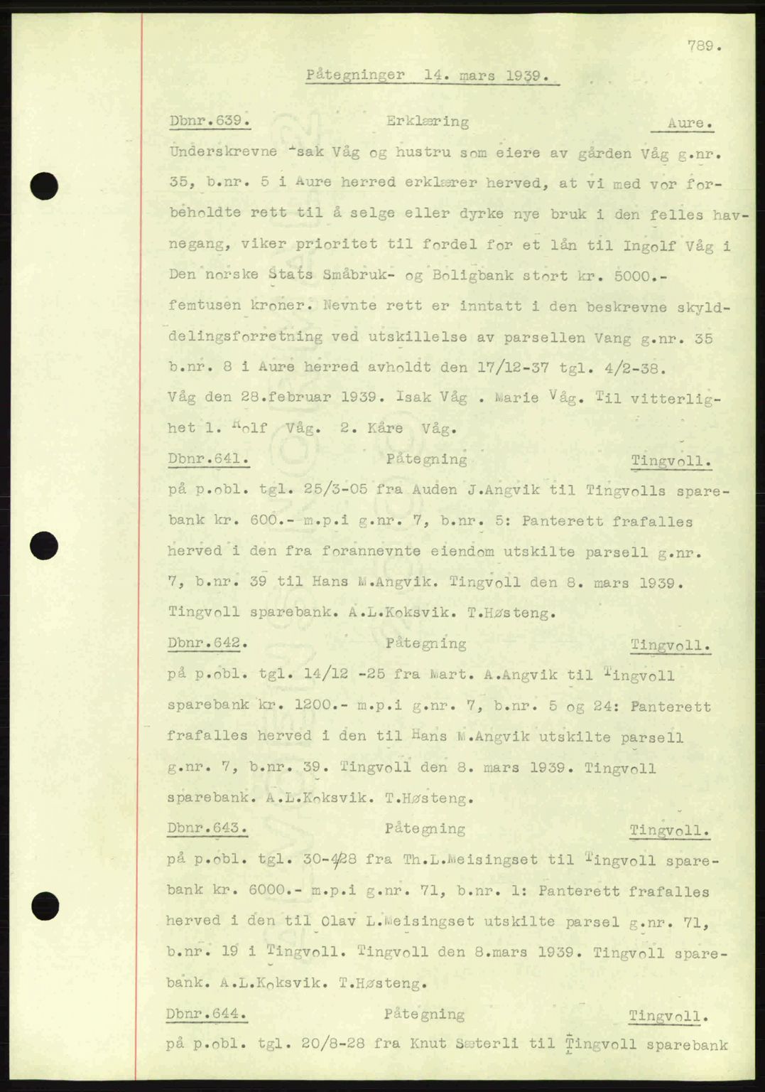 Nordmøre sorenskriveri, AV/SAT-A-4132/1/2/2Ca: Mortgage book no. C80, 1936-1939, Diary no: : 639/1939