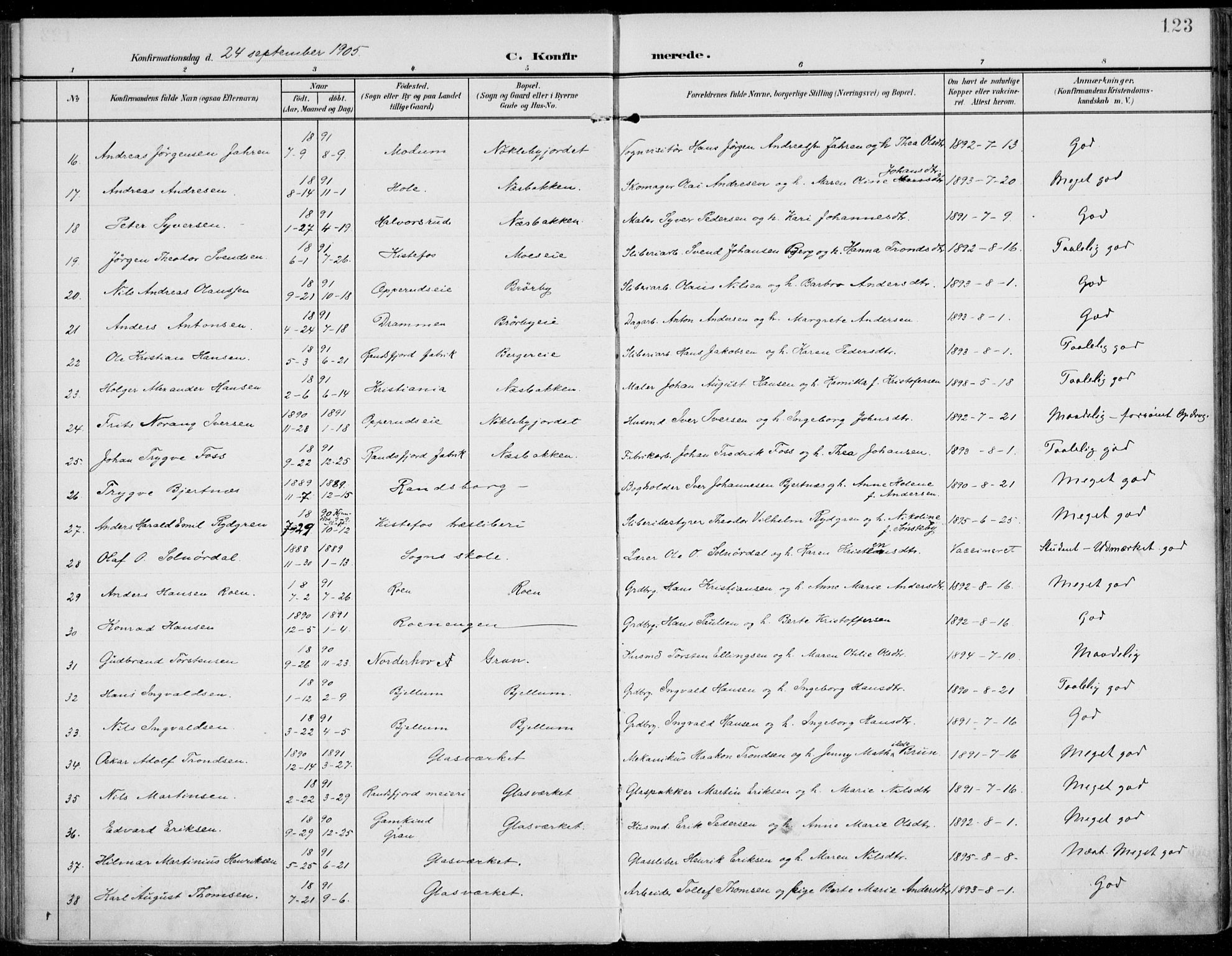 Jevnaker prestekontor, SAH/PREST-116/H/Ha/Haa/L0011: Parish register (official) no. 11, 1902-1913, p. 123