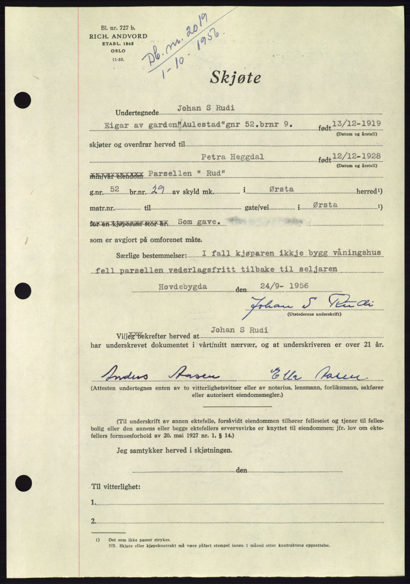 Søre Sunnmøre sorenskriveri, AV/SAT-A-4122/1/2/2C/L0104: Mortgage book no. 30A, 1956-1956, Diary no: : 2019/1956