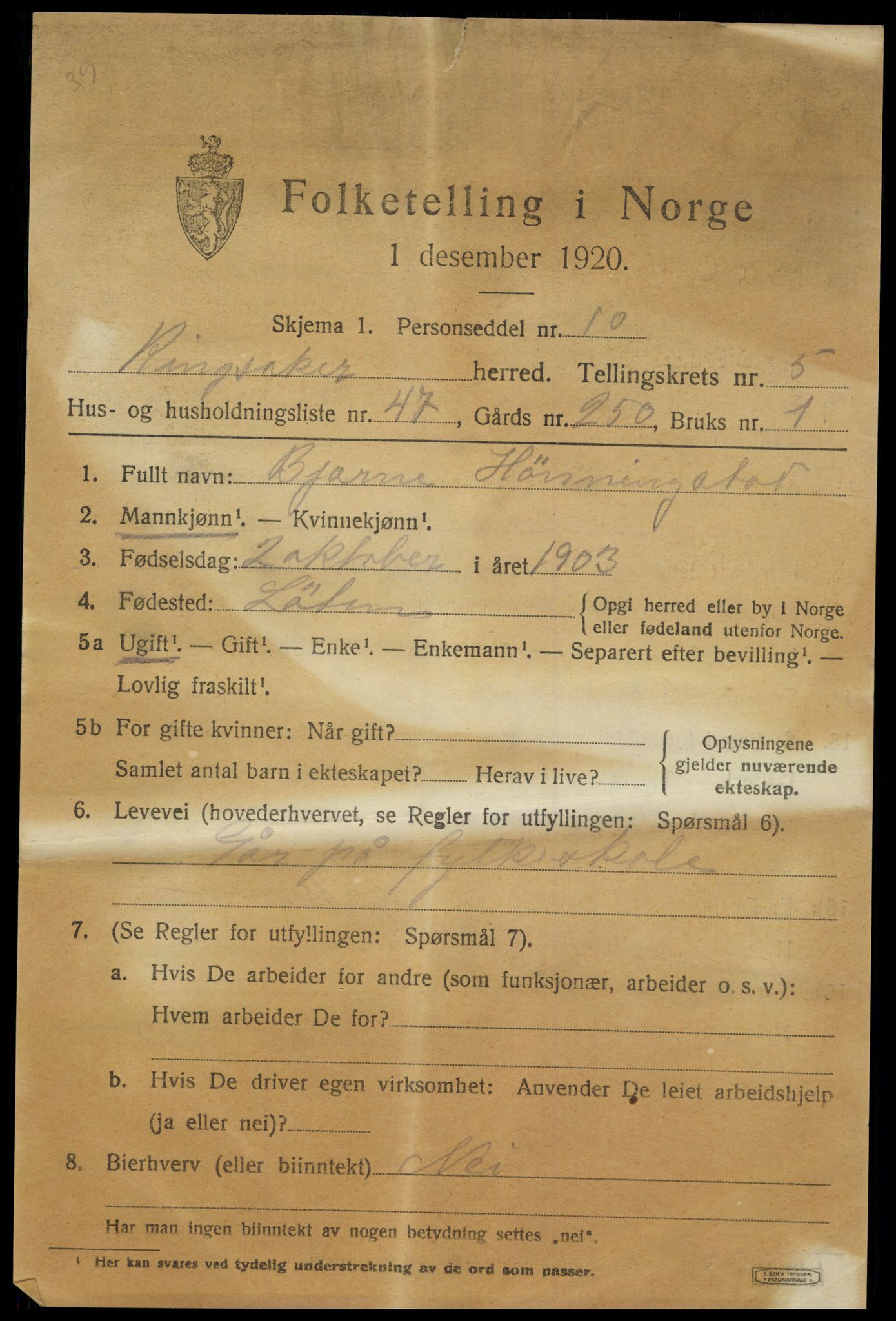 SAH, 1920 census for Ringsaker, 1920, p. 10326