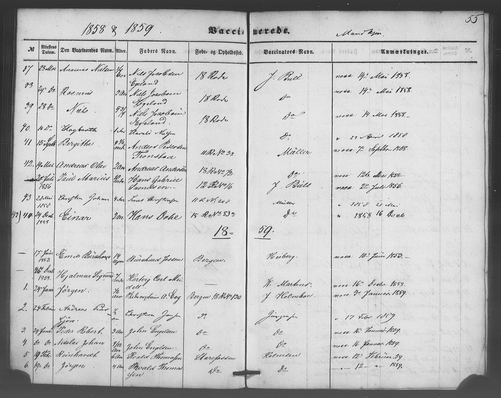 Domkirken sokneprestembete, SAB/A-74801/H/Haa/L0047: Parish register (official) no. F 2, 1852-1868, p. 55