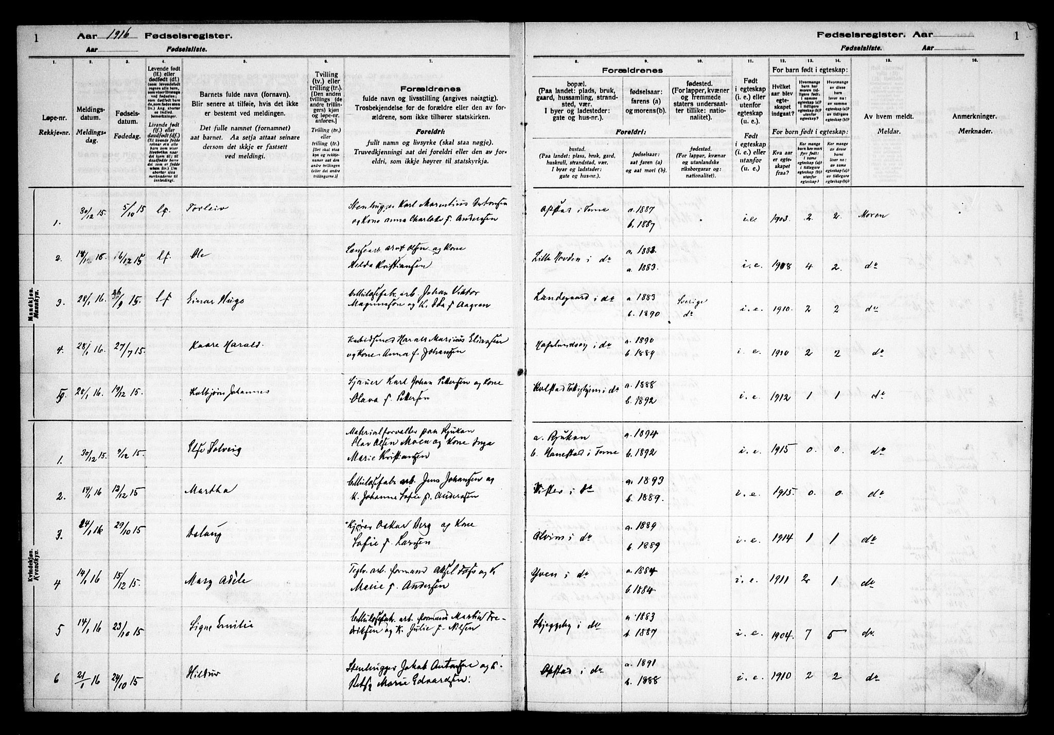 Tune prestekontor Kirkebøker, AV/SAO-A-2007/J/Ja/L0001: Birth register no. I 1, 1916-1928, p. 1