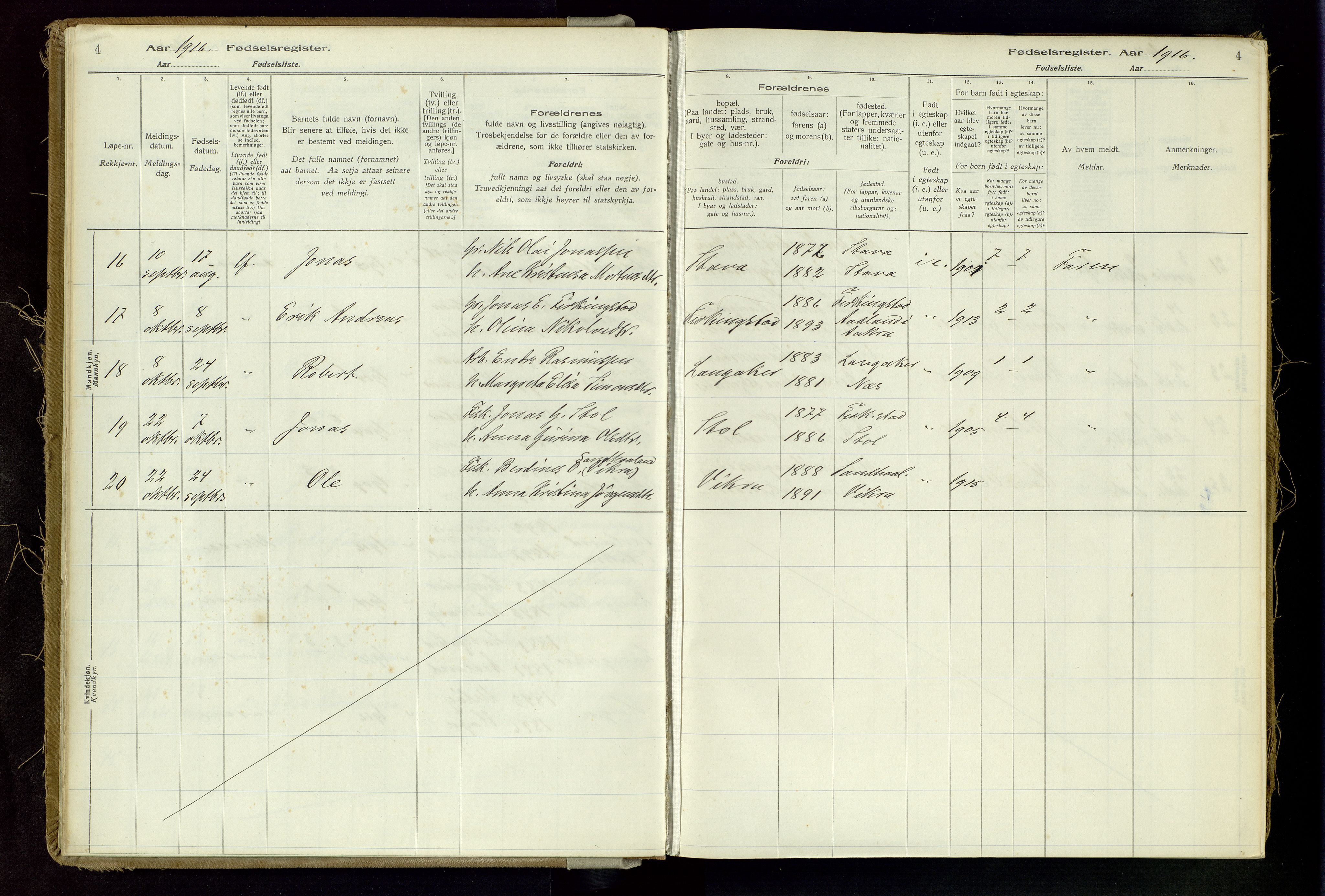 Skudenes sokneprestkontor, SAST/A -101849/I/Id/L0002: Birth register no. 2, 1916-1962, p. 4