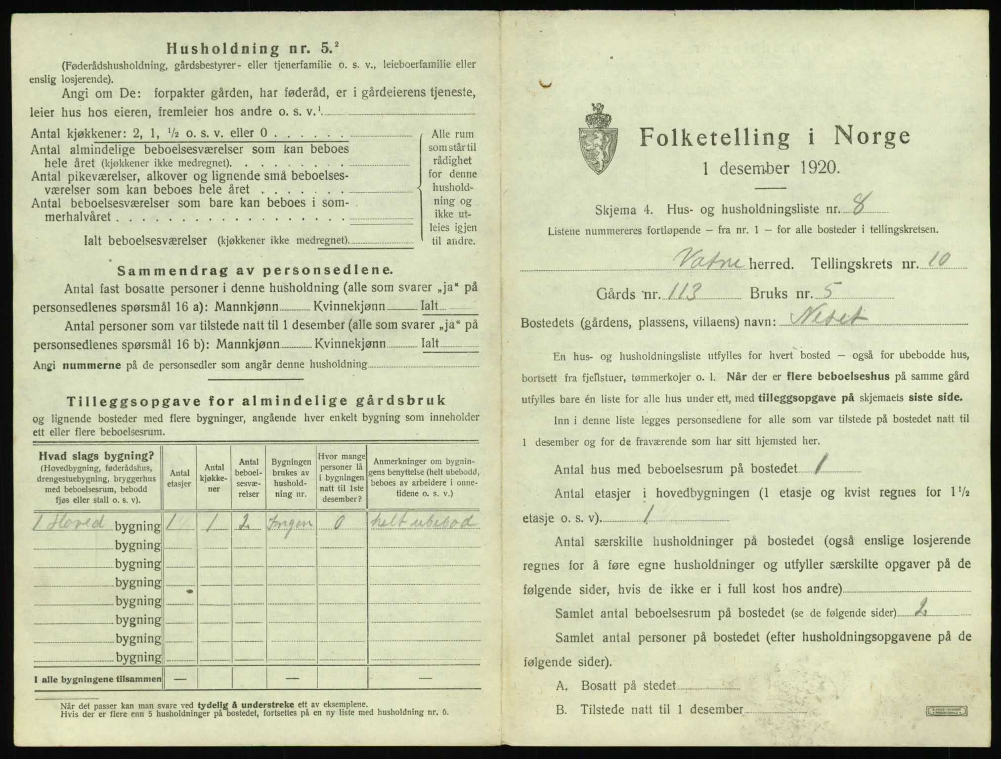 SAT, 1920 census for Vatne, 1920, p. 554