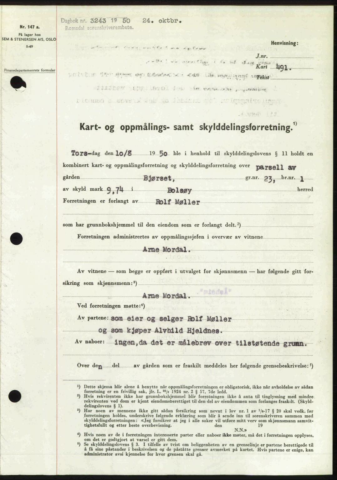 Romsdal sorenskriveri, AV/SAT-A-4149/1/2/2C: Mortgage book no. A34, 1950-1950, Diary no: : 3243/1950