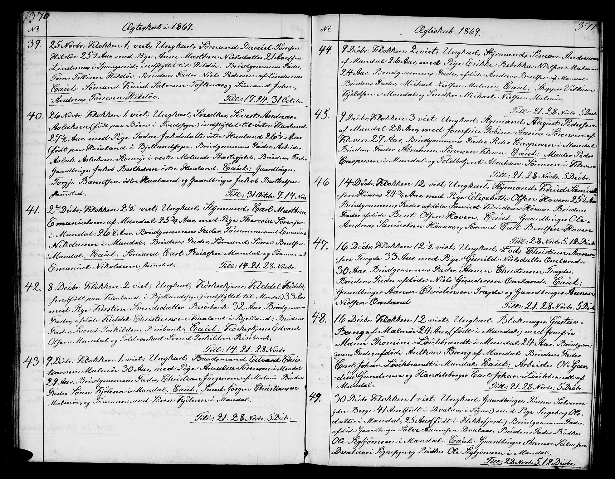 Mandal sokneprestkontor, SAK/1111-0030/F/Fb/Fba/L0009: Parish register (copy) no. B 3, 1867-1877, p. 370-371