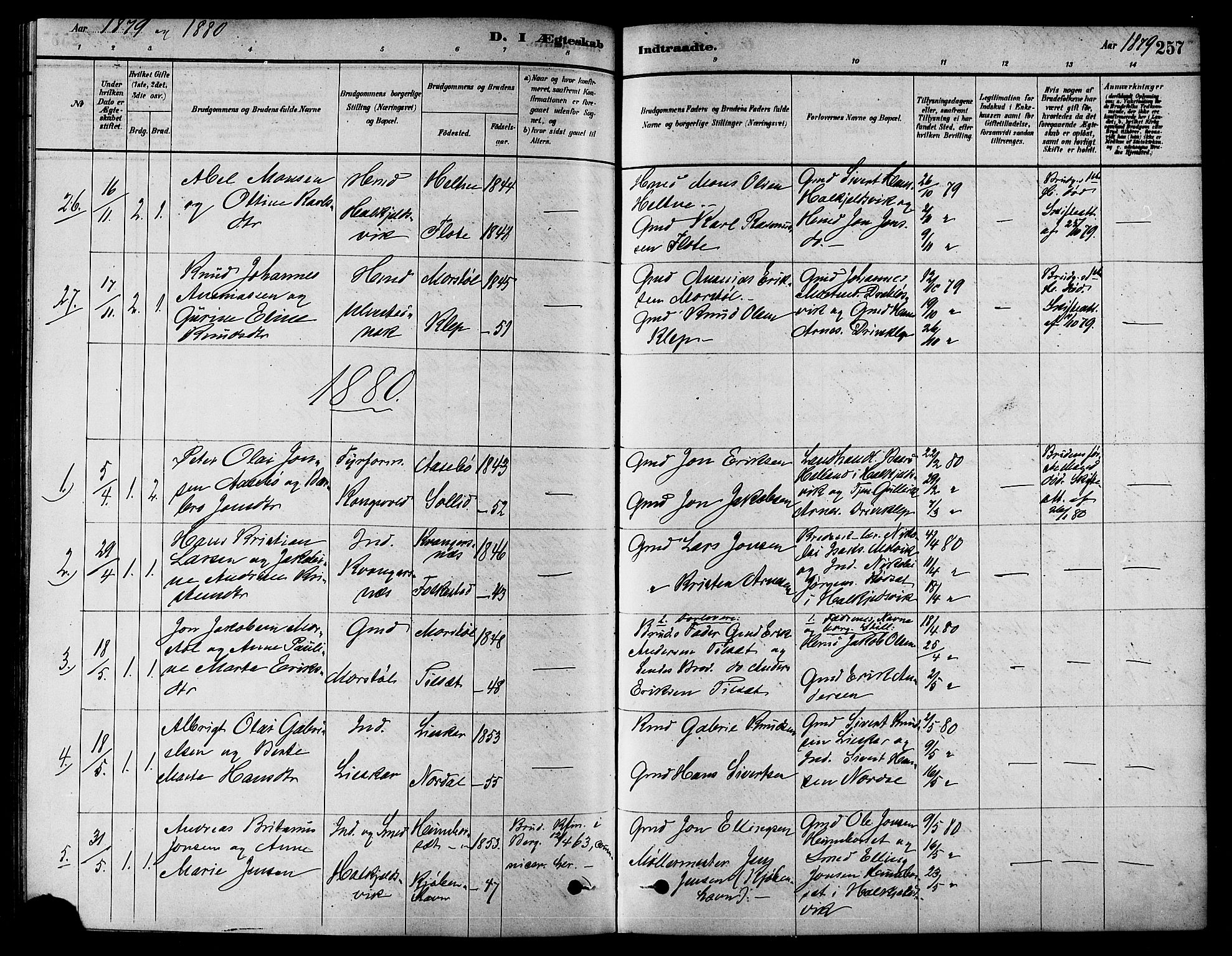 Ministerialprotokoller, klokkerbøker og fødselsregistre - Møre og Romsdal, AV/SAT-A-1454/511/L0141: Parish register (official) no. 511A08, 1878-1890, p. 257