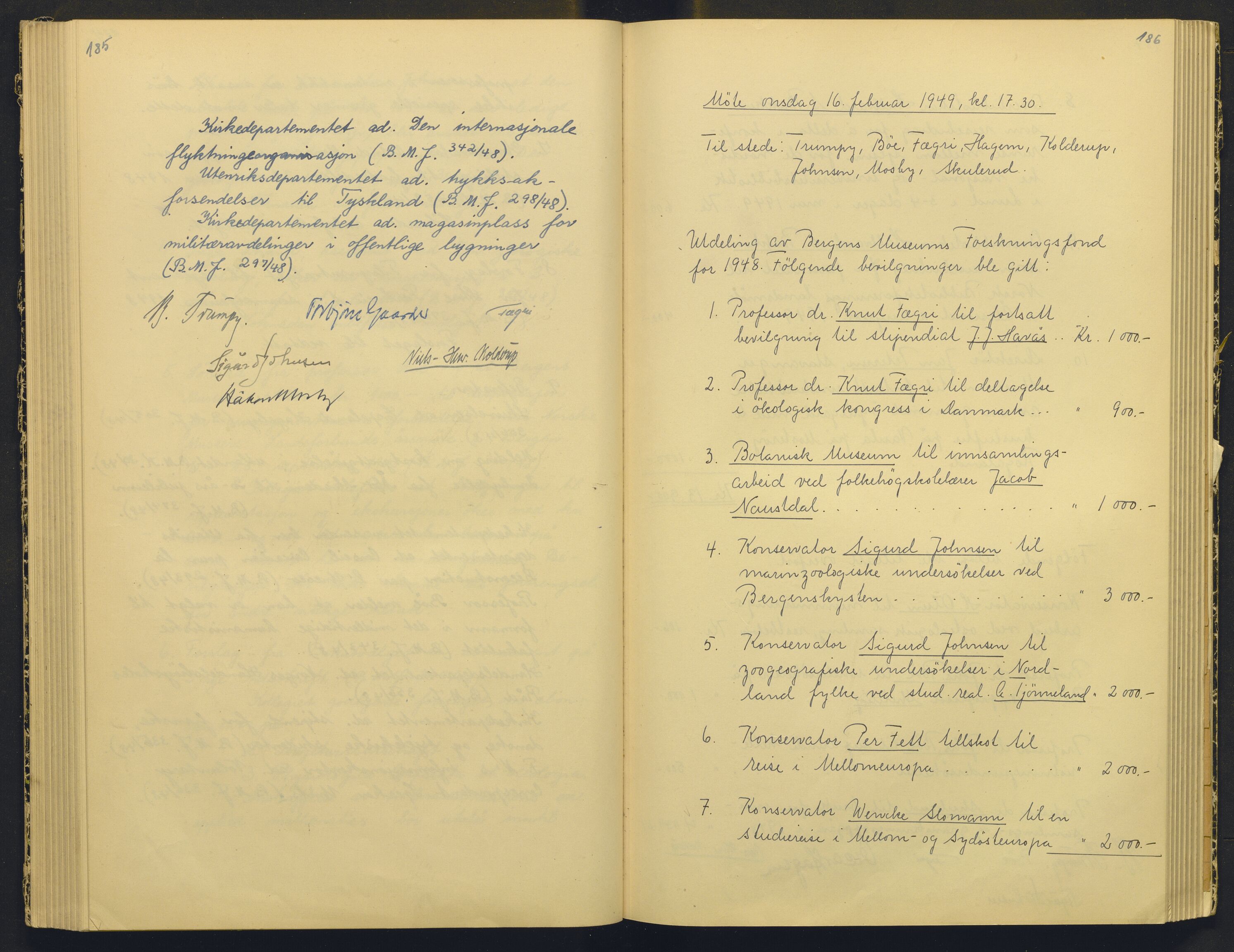 Bergens Museum, AV/SAB-A-17301/18/A/L0004: Professorkollegiets møtebok med register , 1945-1949, p. 185-186