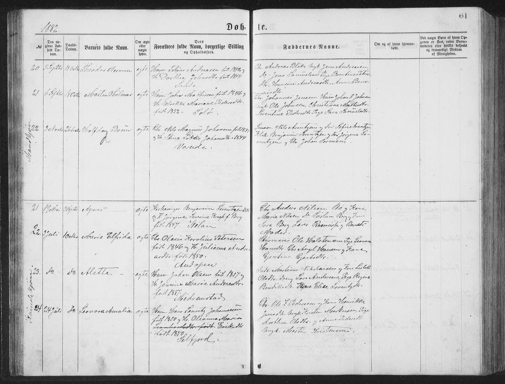 Ministerialprotokoller, klokkerbøker og fødselsregistre - Nordland, AV/SAT-A-1459/885/L1213: Parish register (copy) no. 885C02, 1874-1892, p. 61