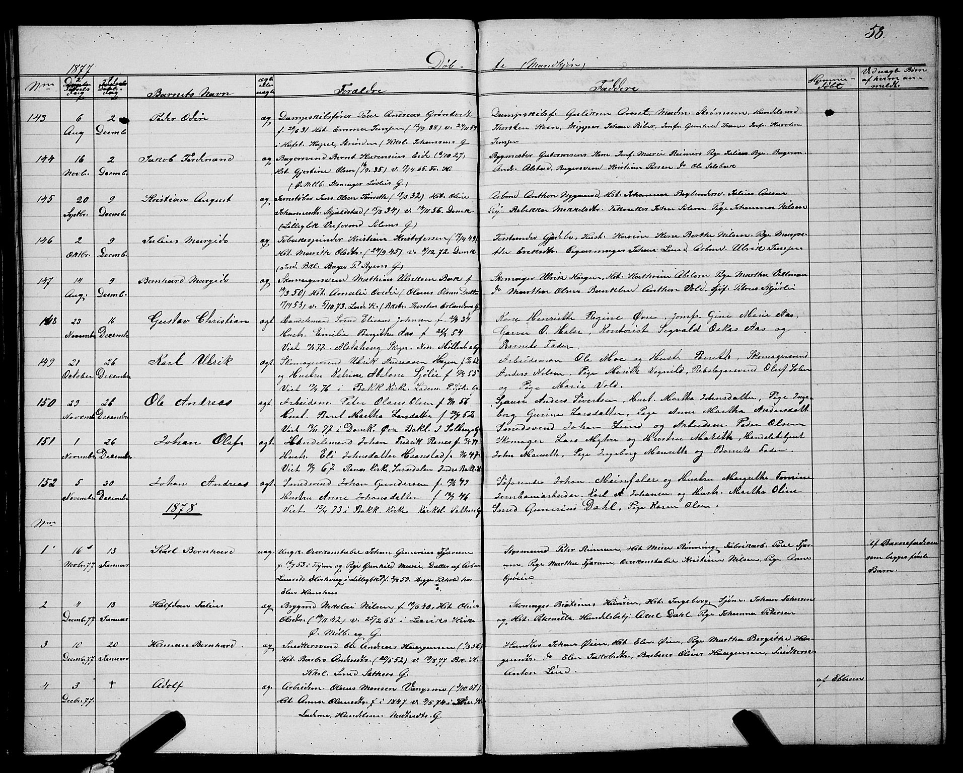 Ministerialprotokoller, klokkerbøker og fødselsregistre - Sør-Trøndelag, SAT/A-1456/604/L0220: Parish register (copy) no. 604C03, 1870-1885, p. 58
