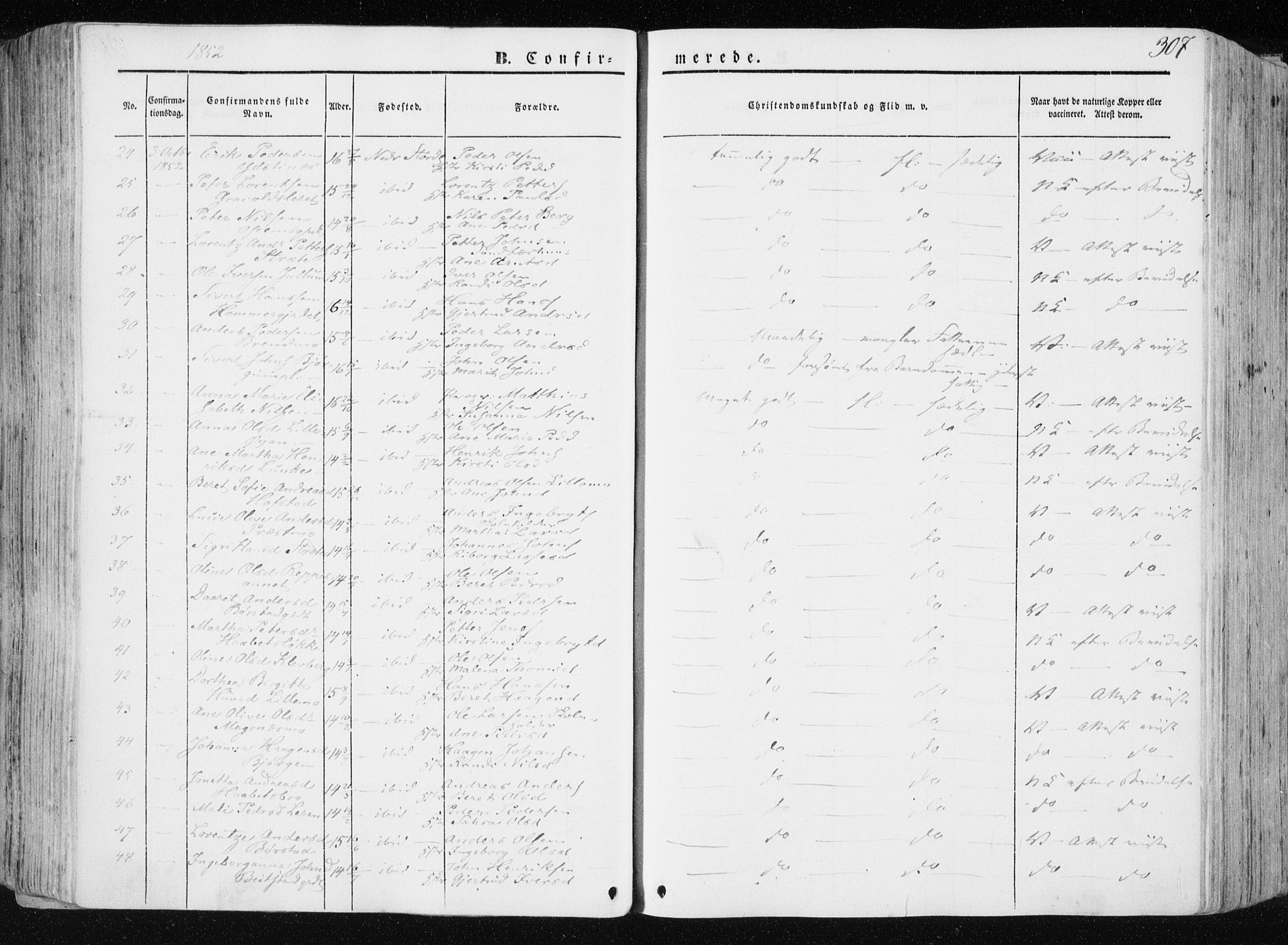 Ministerialprotokoller, klokkerbøker og fødselsregistre - Nord-Trøndelag, AV/SAT-A-1458/709/L0074: Parish register (official) no. 709A14, 1845-1858, p. 307