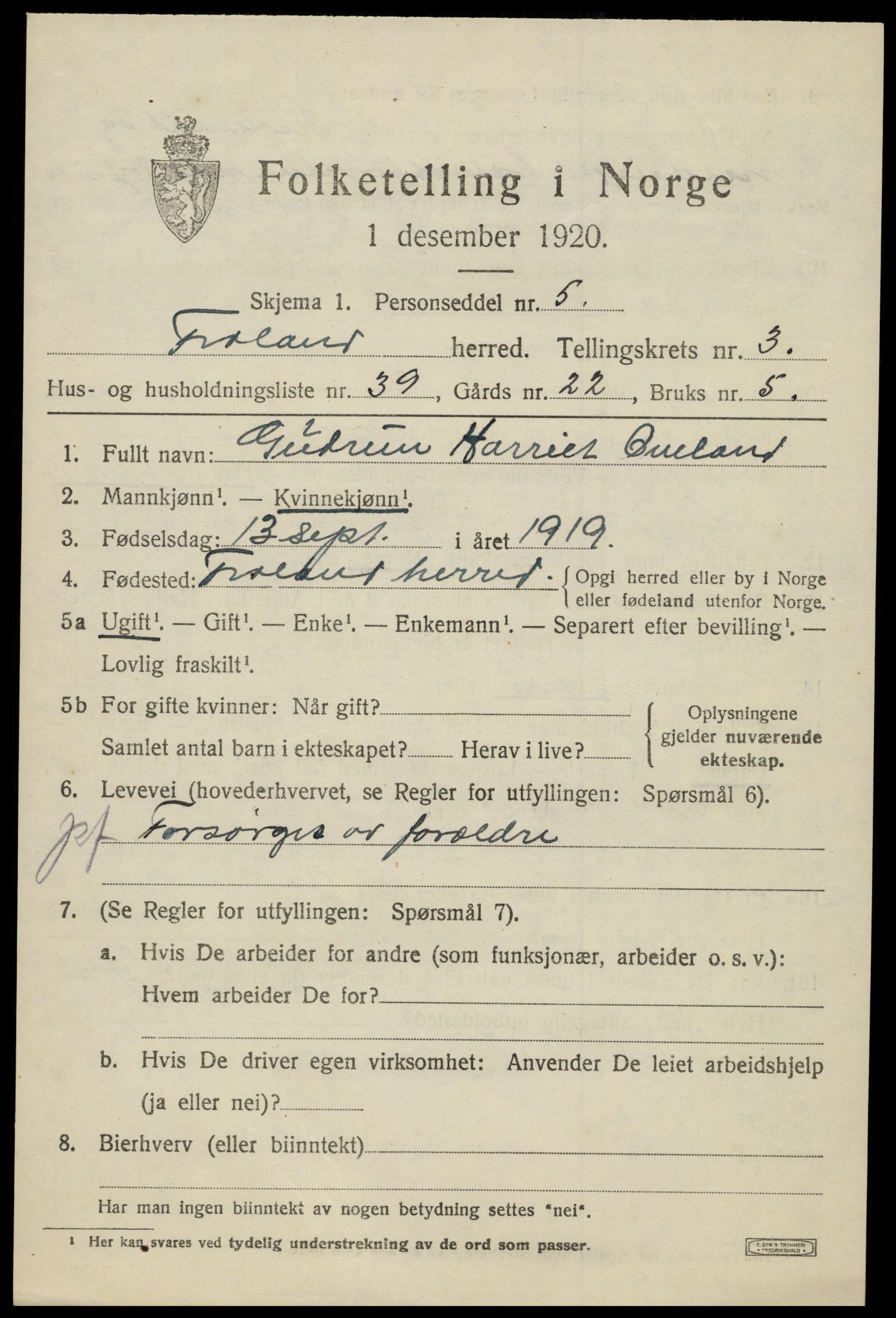 SAK, 1920 census for Froland, 1920, p. 3083