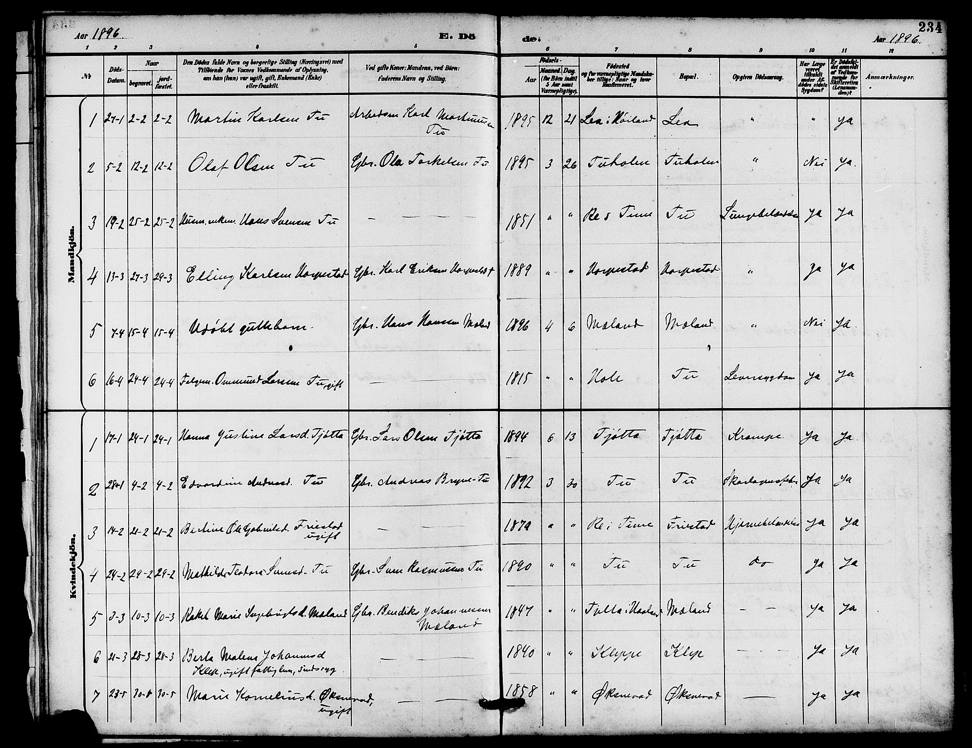 Klepp sokneprestkontor, SAST/A-101803/001/3/30BB/L0004: Parish register (copy) no. B 4, 1889-1914, p. 234
