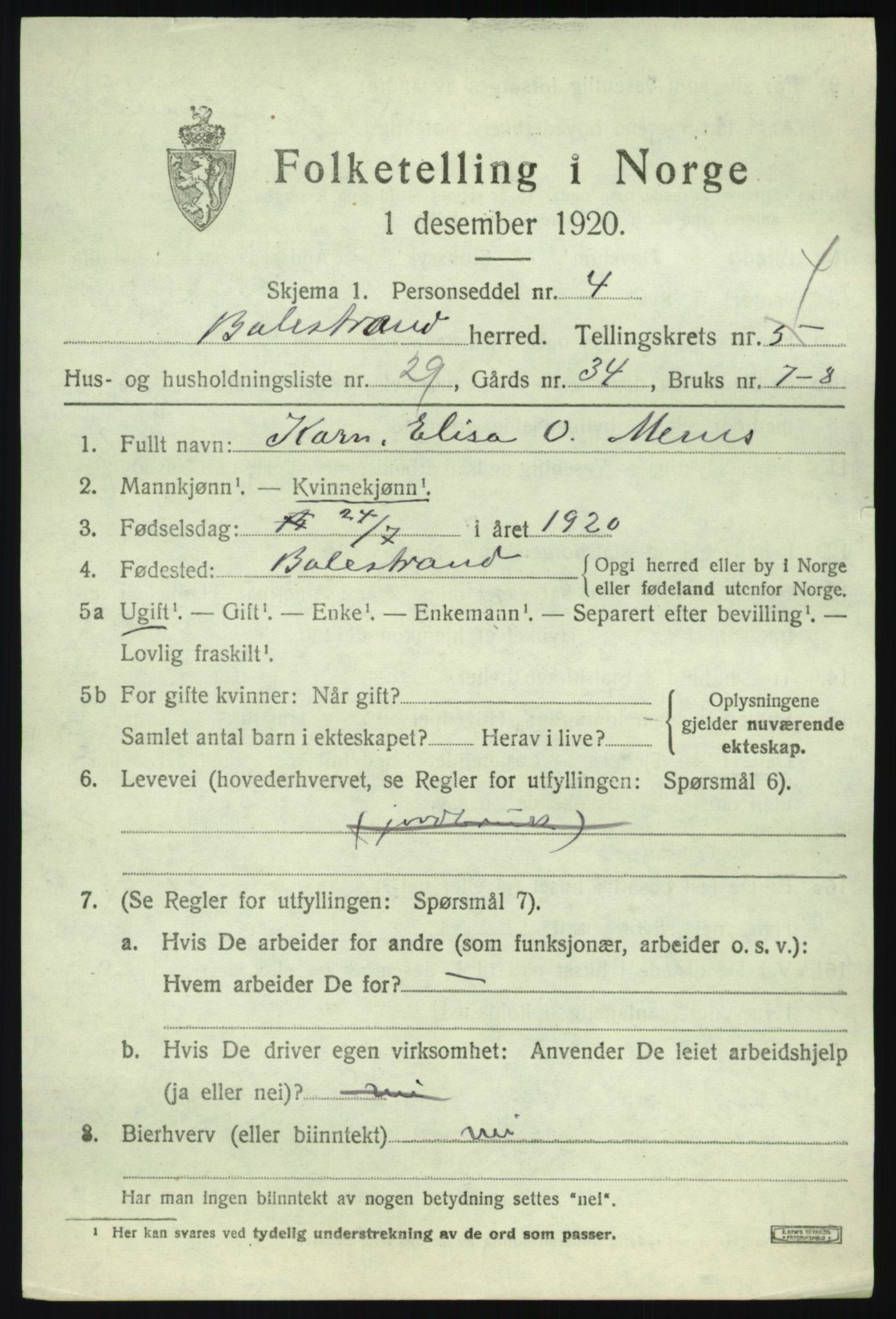 SAB, 1920 census for Balestrand, 1920, p. 2482