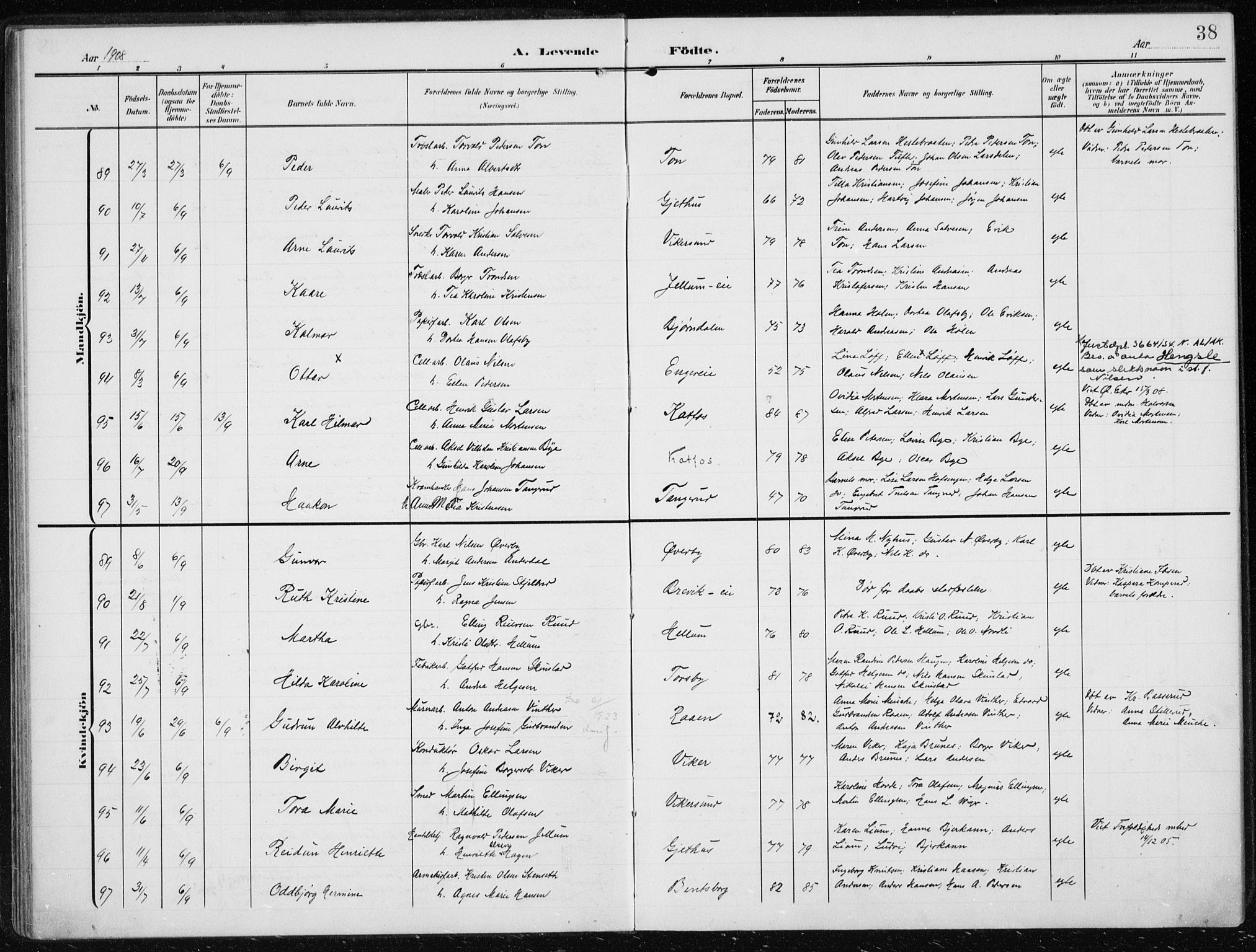 Modum kirkebøker, SAKO/A-234/F/Fa/L0014a: Parish register (official) no. 14A, 1906-1918, p. 38