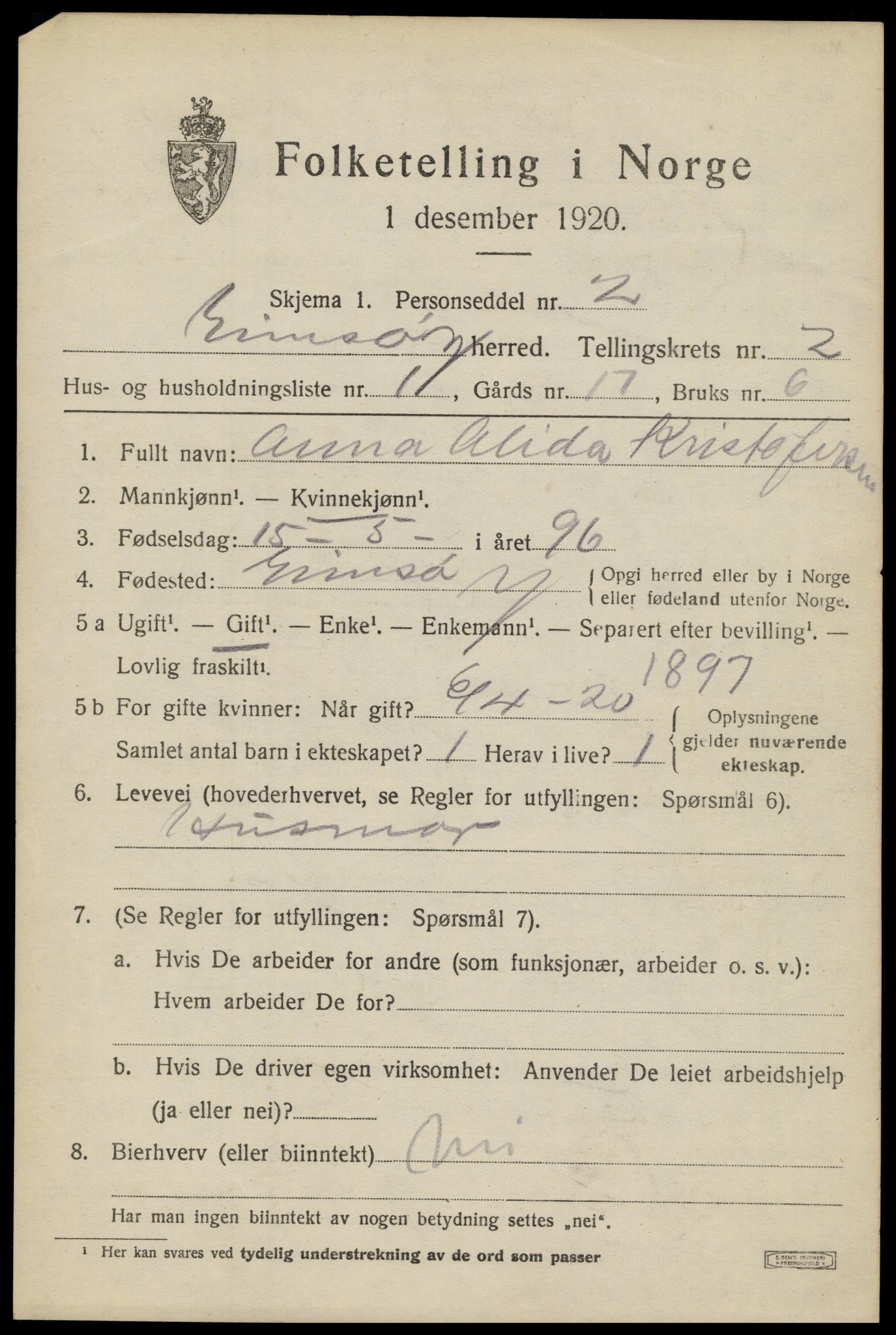 SAT, 1920 census for Gimsøy, 1920, p. 1293