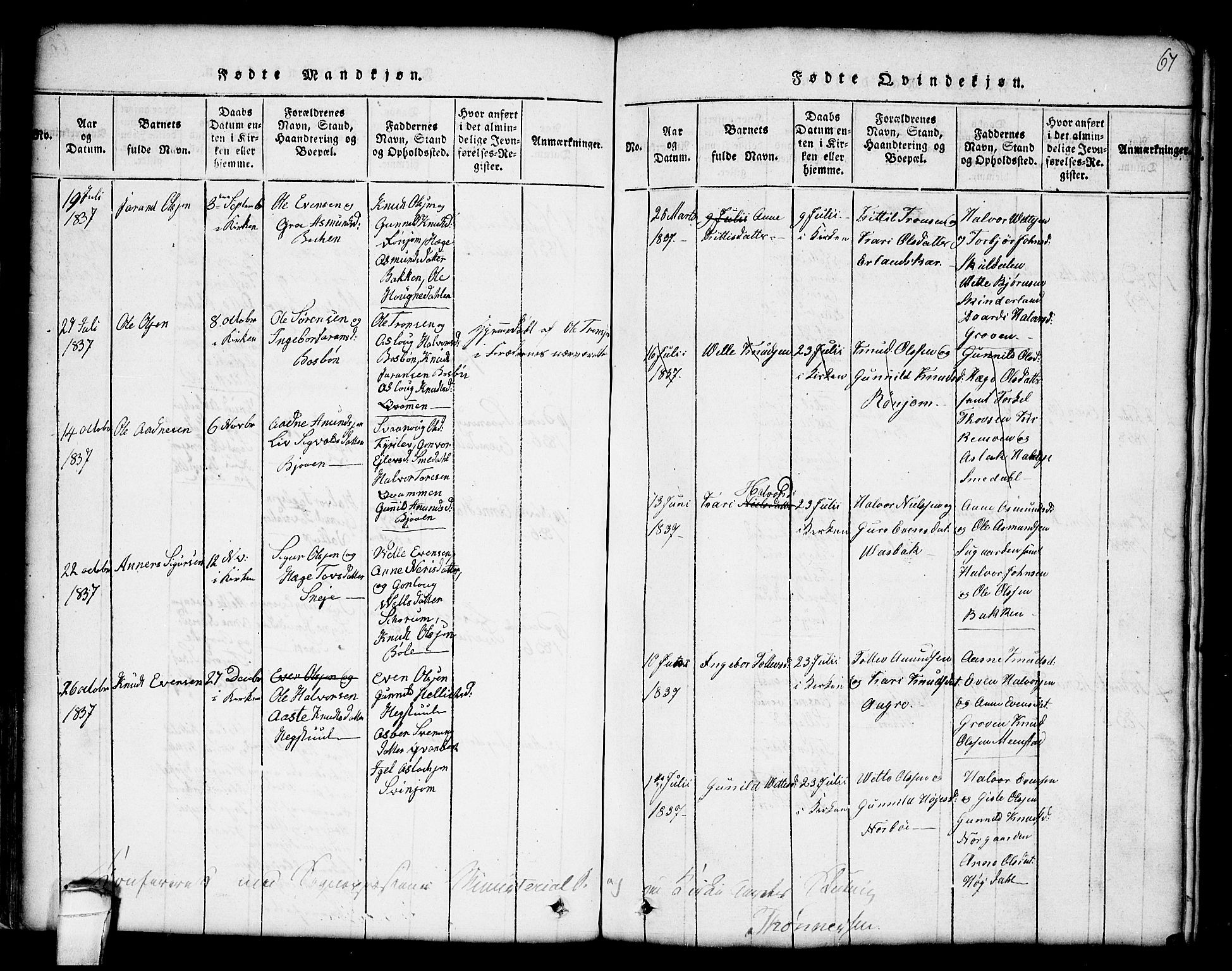 Seljord kirkebøker, SAKO/A-20/G/Gc/L0001: Parish register (copy) no. III 1, 1815-1849, p. 67