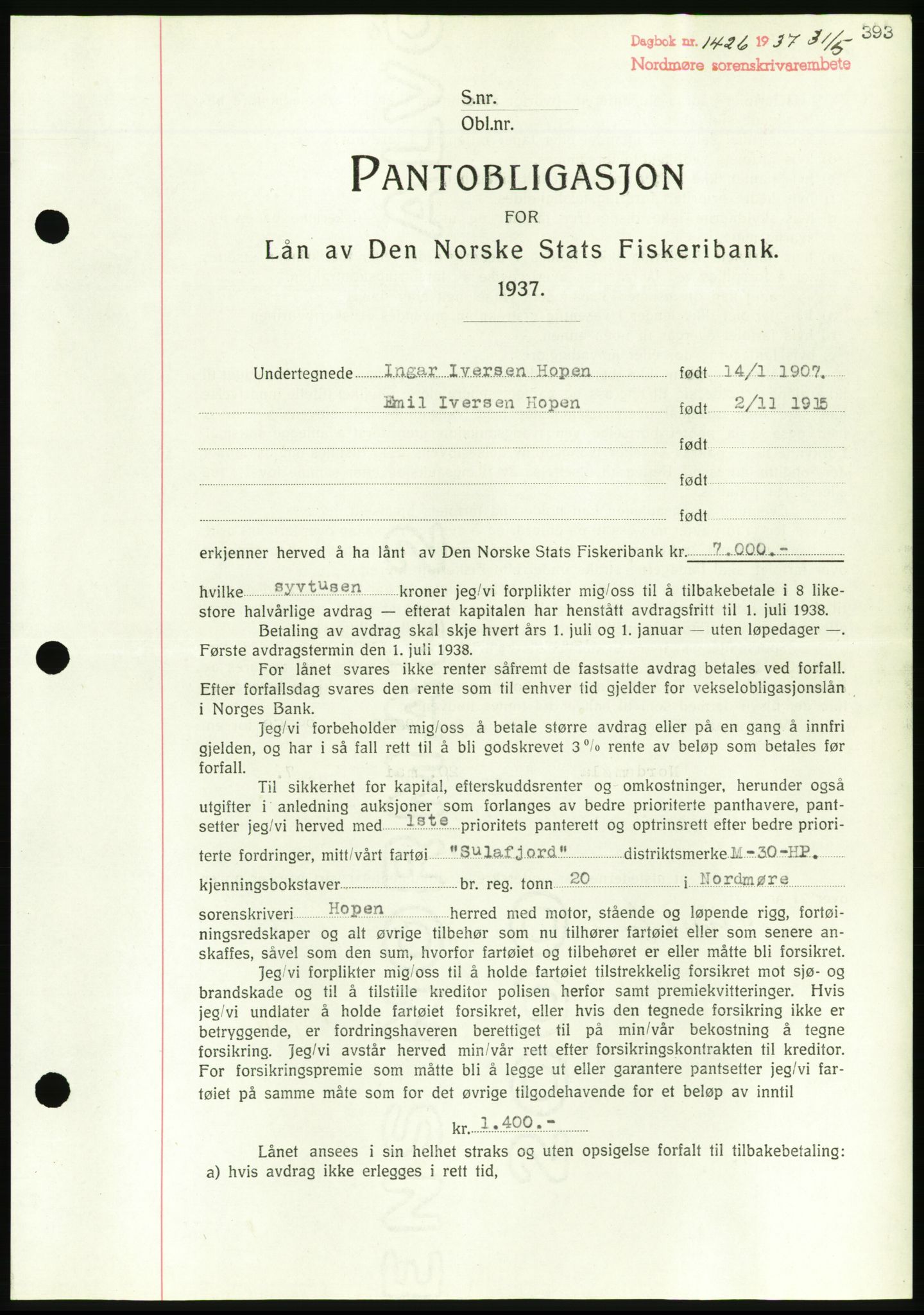 Nordmøre sorenskriveri, AV/SAT-A-4132/1/2/2Ca/L0091: Mortgage book no. B81, 1937-1937, Diary no: : 1426/1937