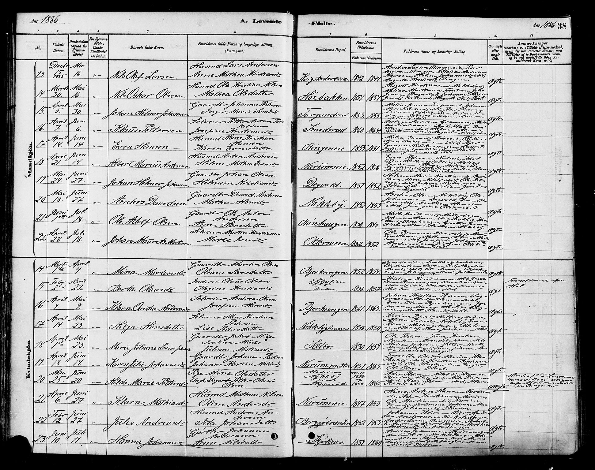 Vestre Toten prestekontor, SAH/PREST-108/H/Ha/Haa/L0010: Parish register (official) no. 10, 1878-1894, p. 38