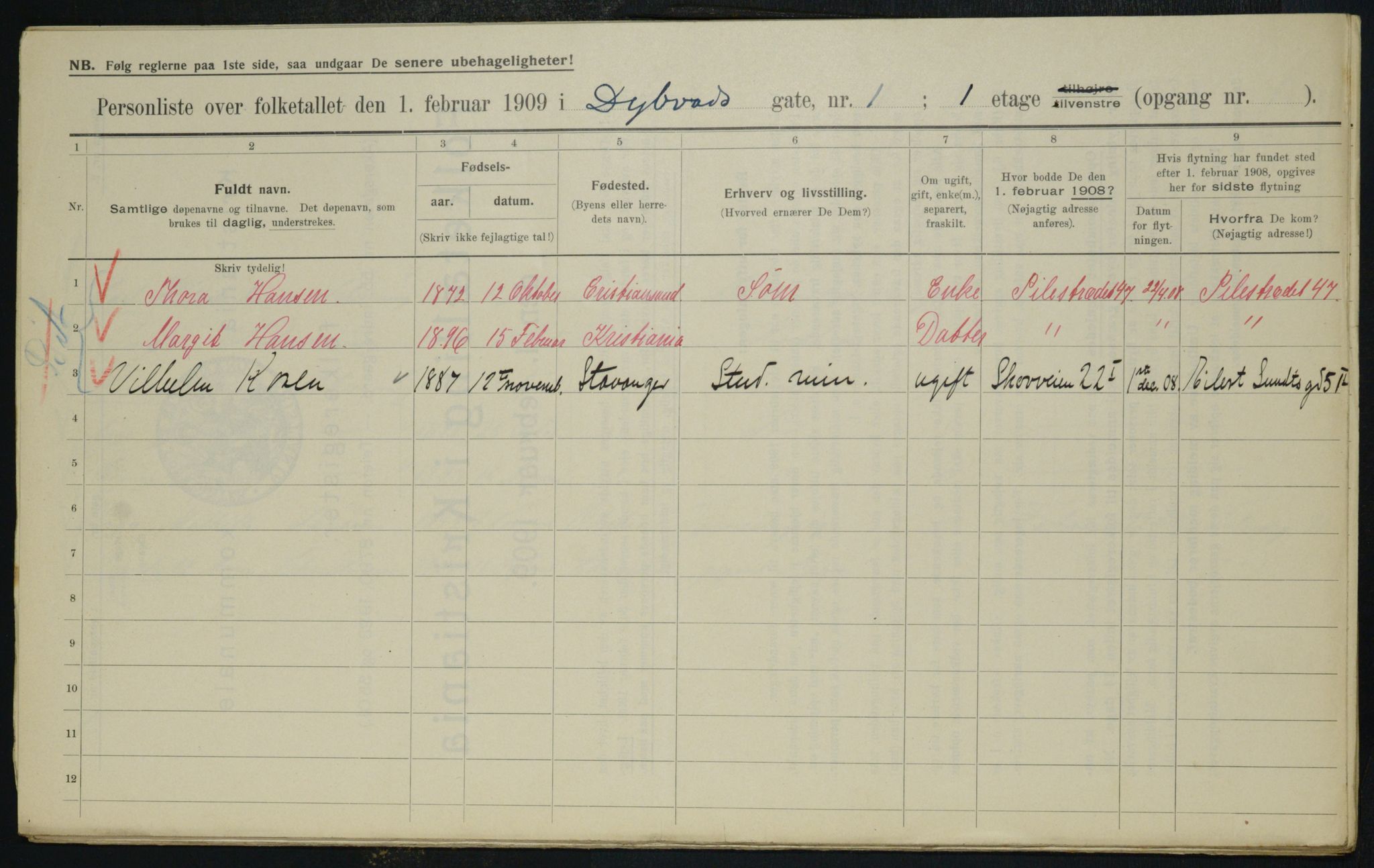 OBA, Municipal Census 1909 for Kristiania, 1909, p. 15907