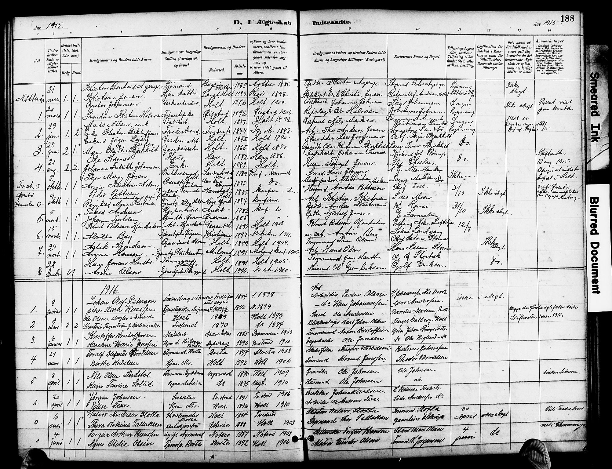 Holt sokneprestkontor, SAK/1111-0021/F/Fb/L0011: Parish register (copy) no. B 11, 1897-1921, p. 188