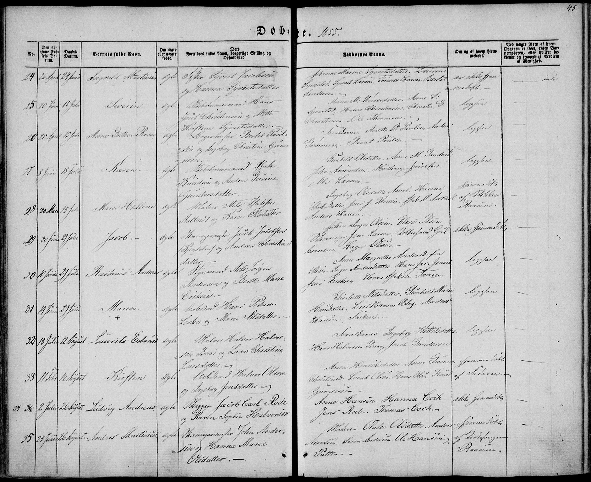 Brevik kirkebøker, SAKO/A-255/F/Fa/L0005: Parish register (official) no. 5, 1847-1865, p. 45