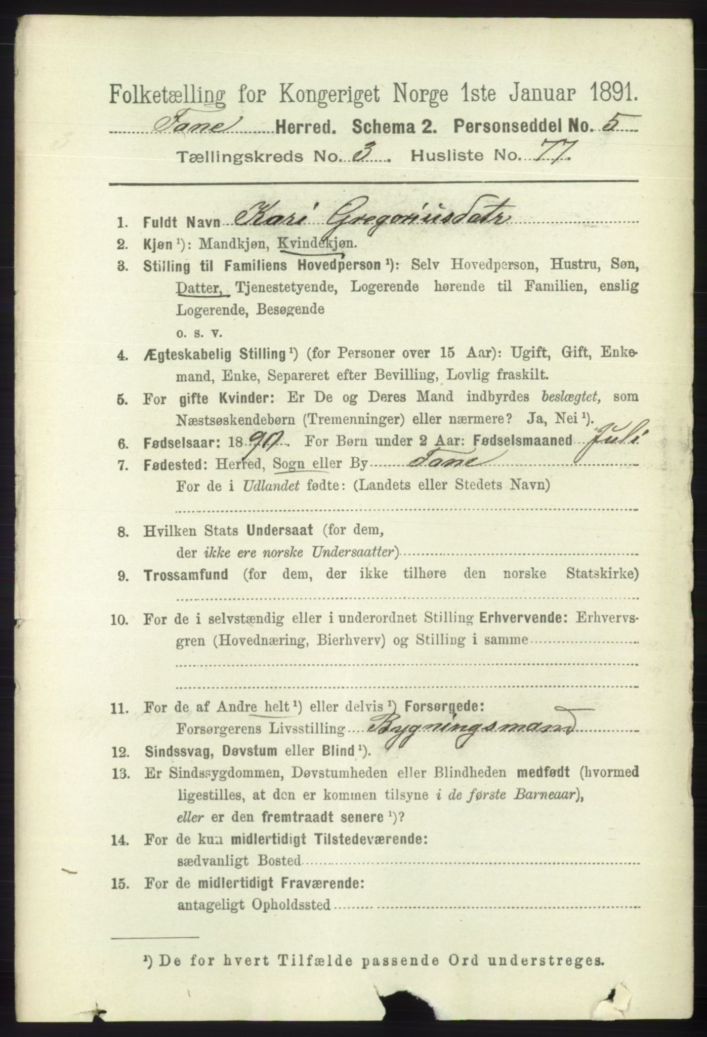 RA, 1891 census for 1249 Fana, 1891, p. 1525