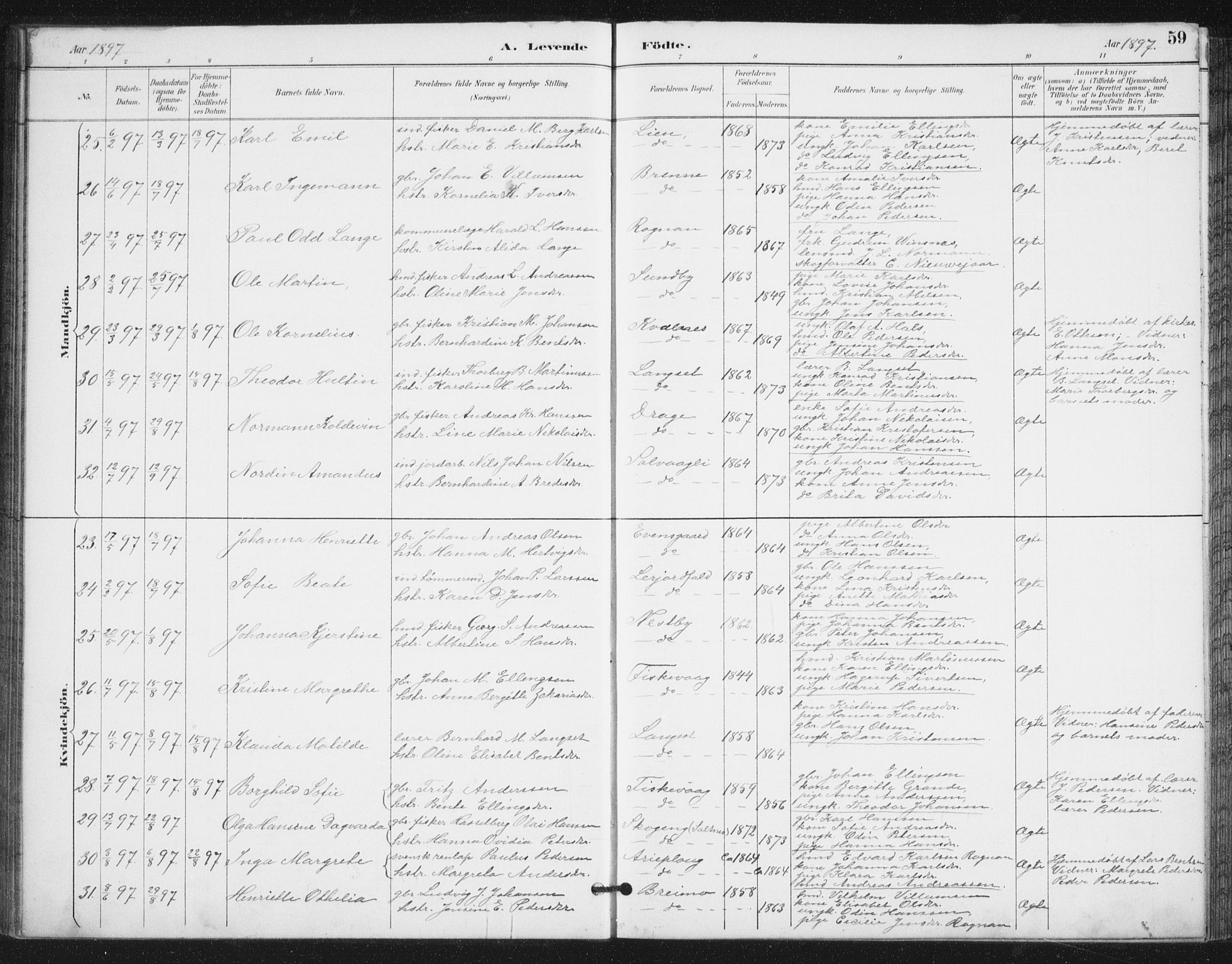 Ministerialprotokoller, klokkerbøker og fødselsregistre - Nordland, AV/SAT-A-1459/847/L0682: Parish register (copy) no. 847C10, 1889-1907, p. 59