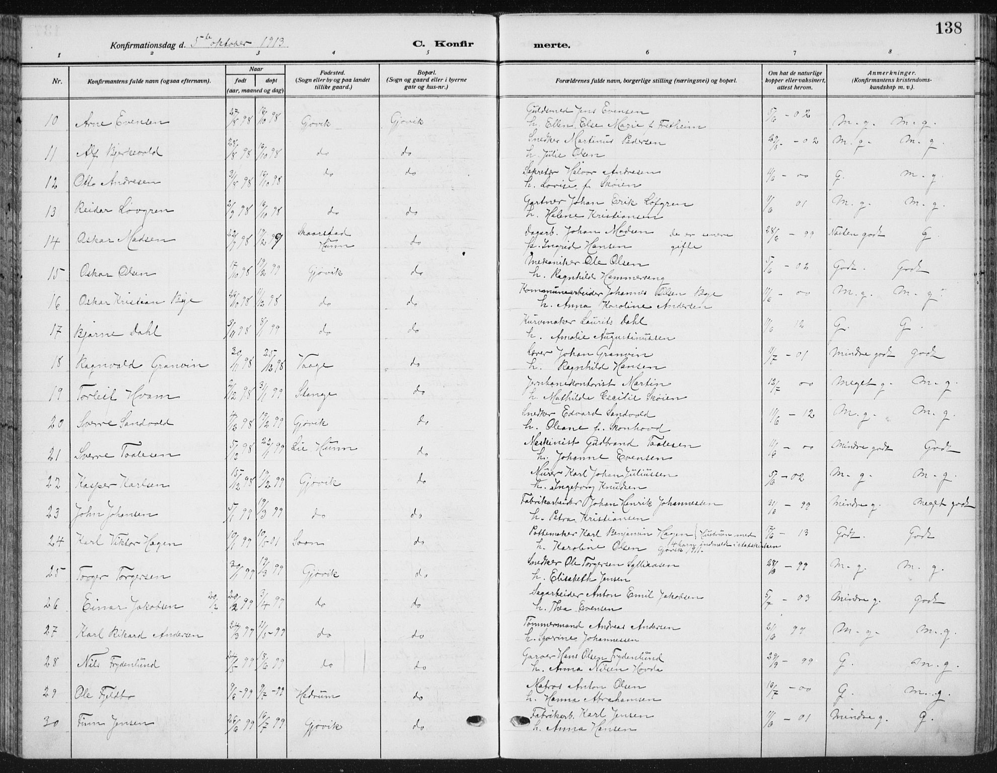 Vardal prestekontor, SAH/PREST-100/H/Ha/Haa/L0014: Parish register (official) no. 14, 1912-1922, p. 138