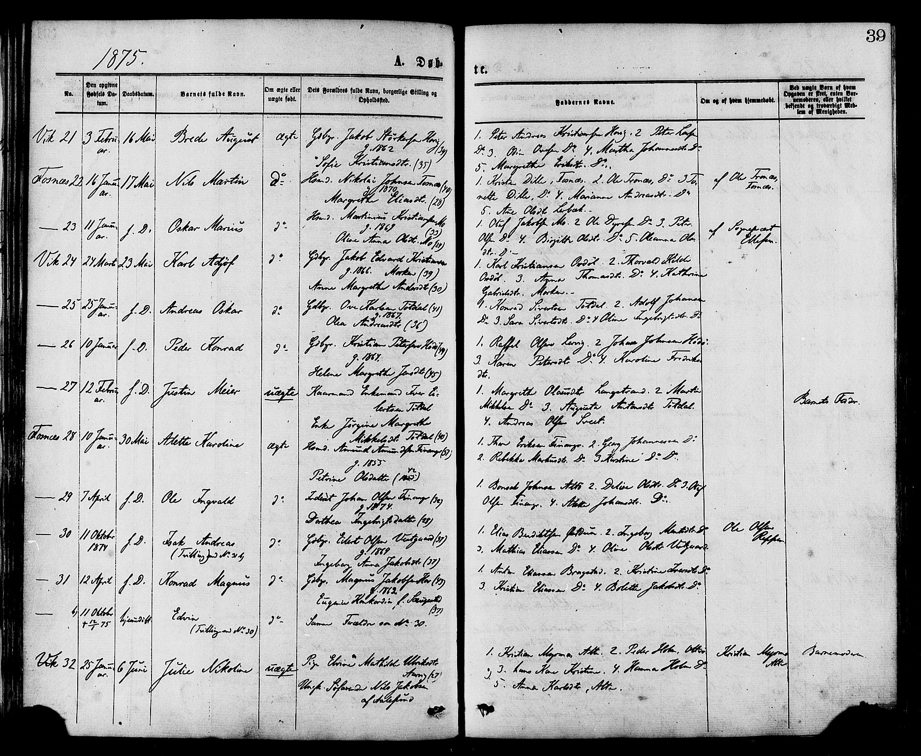Ministerialprotokoller, klokkerbøker og fødselsregistre - Nord-Trøndelag, SAT/A-1458/773/L0616: Parish register (official) no. 773A07, 1870-1887, p. 39