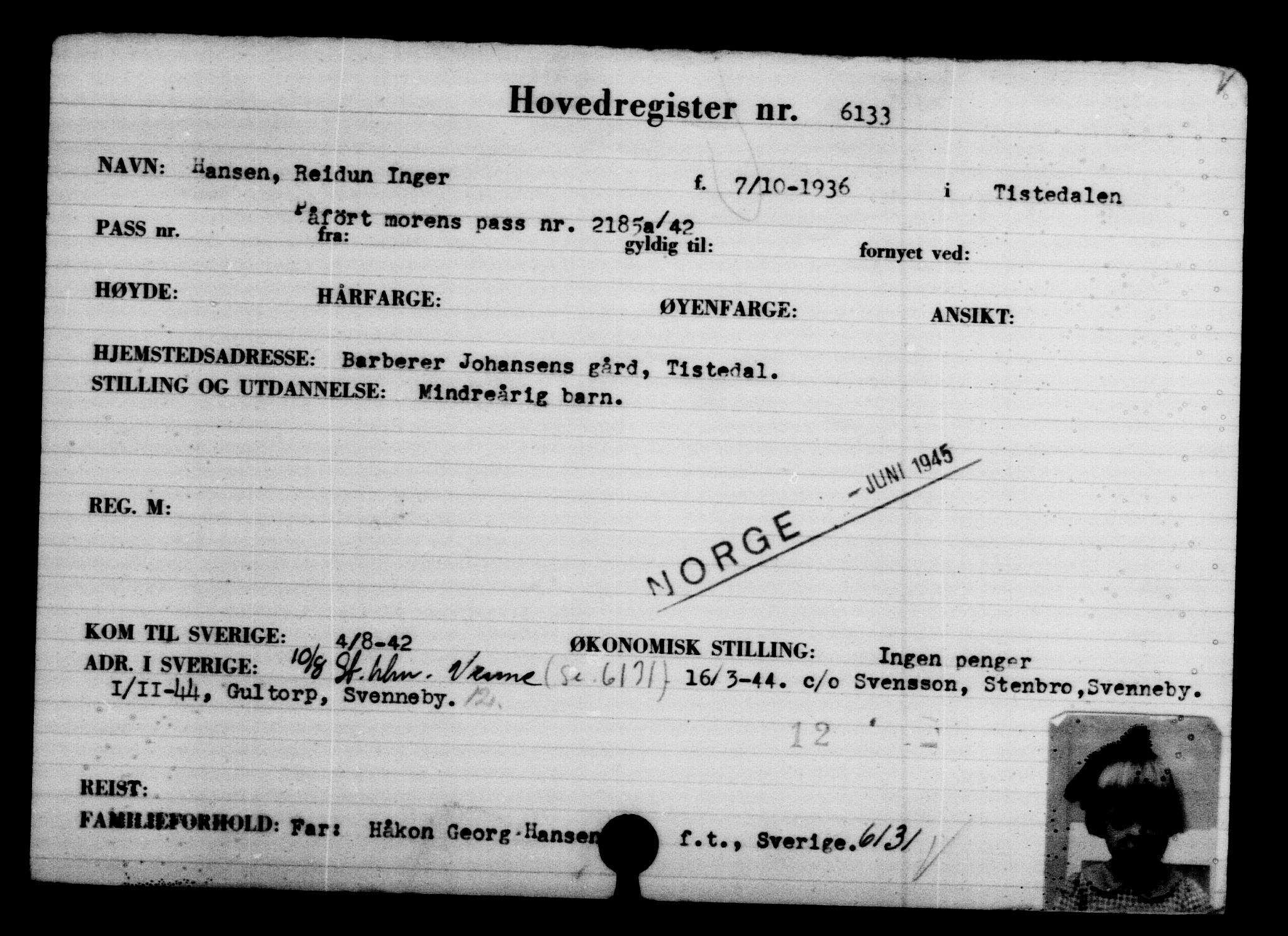 Utenriksstasjonene, Legasjonen i Stockholm, Flyktningkontoret, AV/RA-S-6753/V/Va/L0004: Kjesäterkartoteket, flyktninger med registreringsnr. 3496-6610, 1940-1945, p. 3092