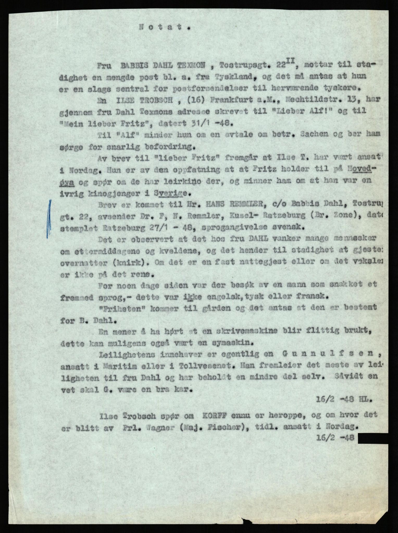 Forsvaret, Forsvarets overkommando II, AV/RA-RAFA-3915/D/Db/L0027: CI Questionaires. Tyske okkupasjonsstyrker i Norge. Tyskere., 1945-1946, p. 227