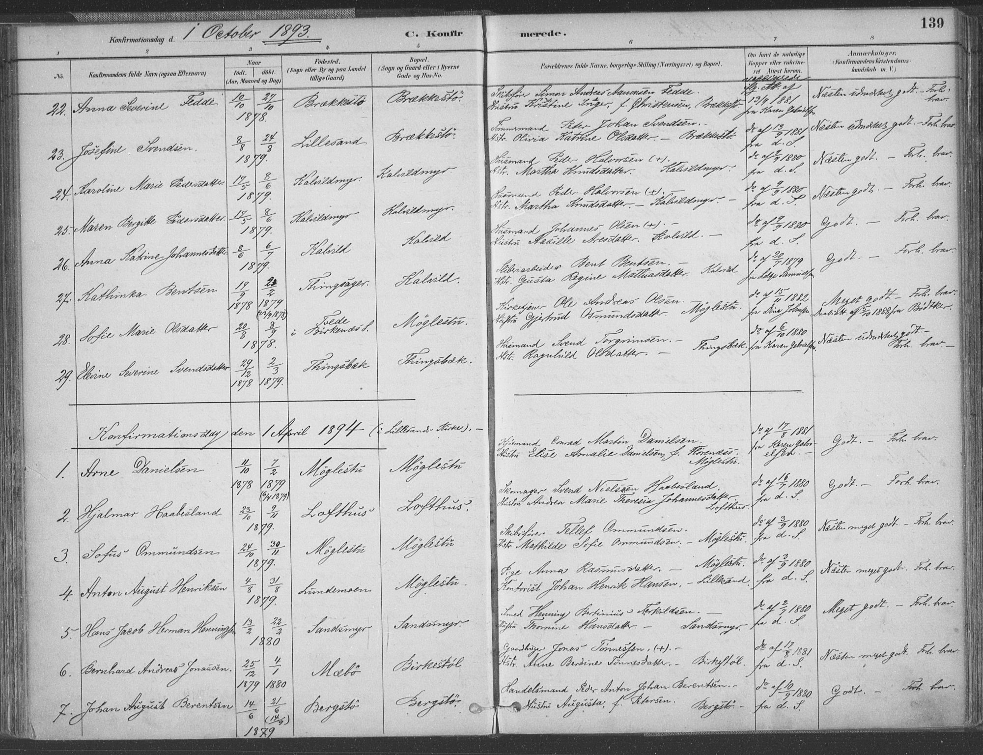 Vestre Moland sokneprestkontor, SAK/1111-0046/F/Fa/Fab/L0009: Parish register (official) no. A 9, 1884-1899, p. 139