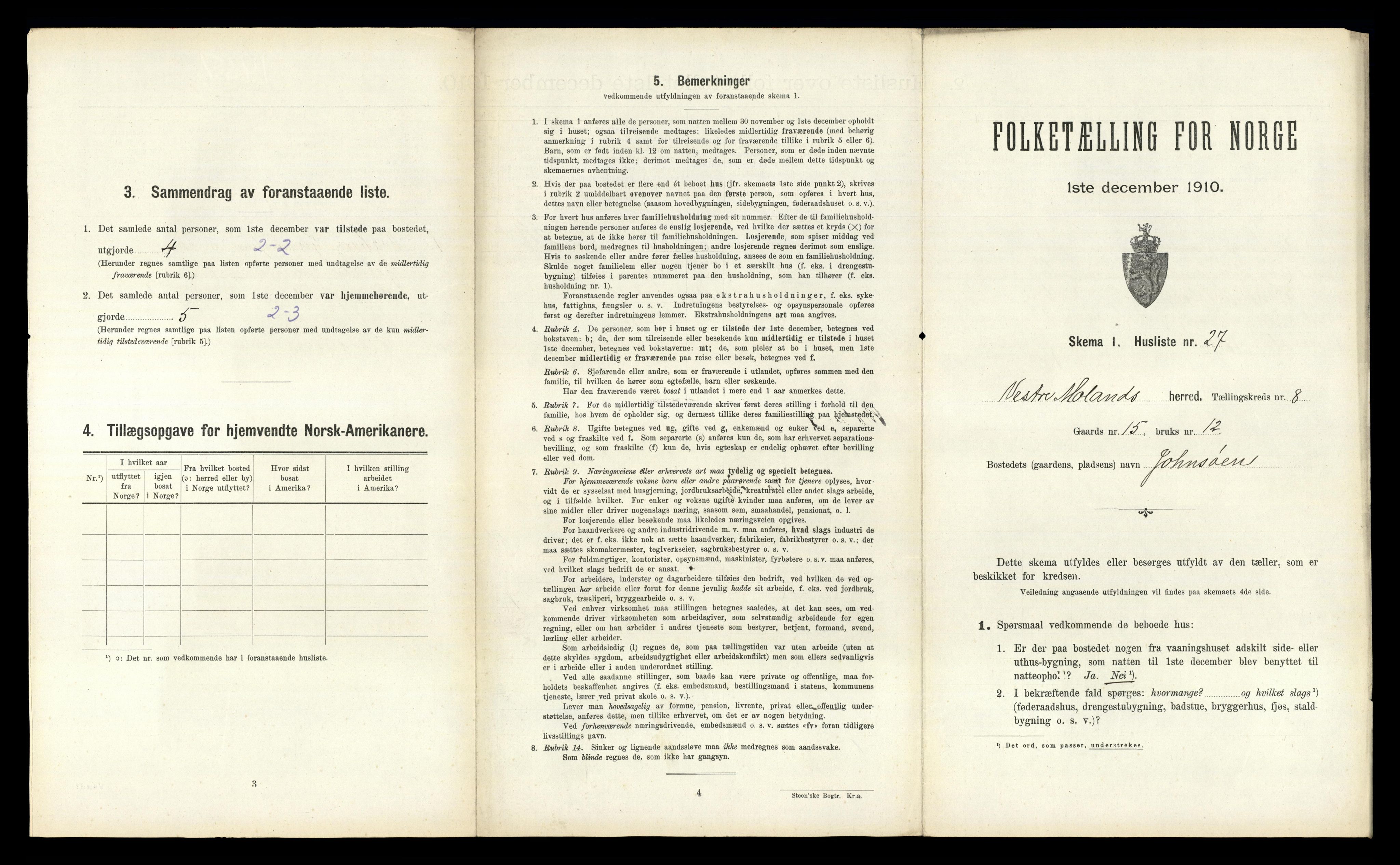 RA, 1910 census for Vestre Moland, 1910, p. 822