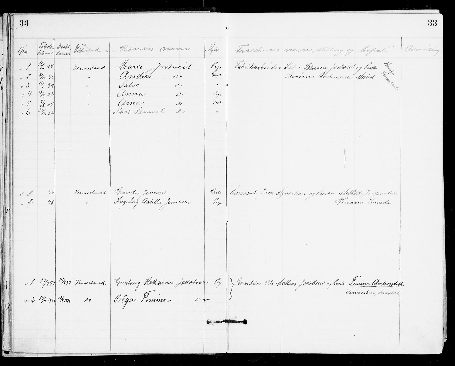 Den evangelisk-lutherske frikirke, Kristiansand, AV/SAK-1292-0017/F/Fa/L0002: Dissenter register no. F 10, 1889-1892, p. 33