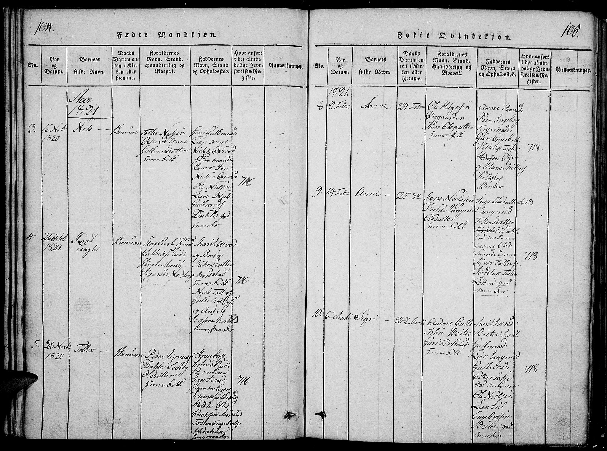Slidre prestekontor, SAH/PREST-134/H/Ha/Hab/L0002: Parish register (copy) no. 2, 1814-1839, p. 104-105