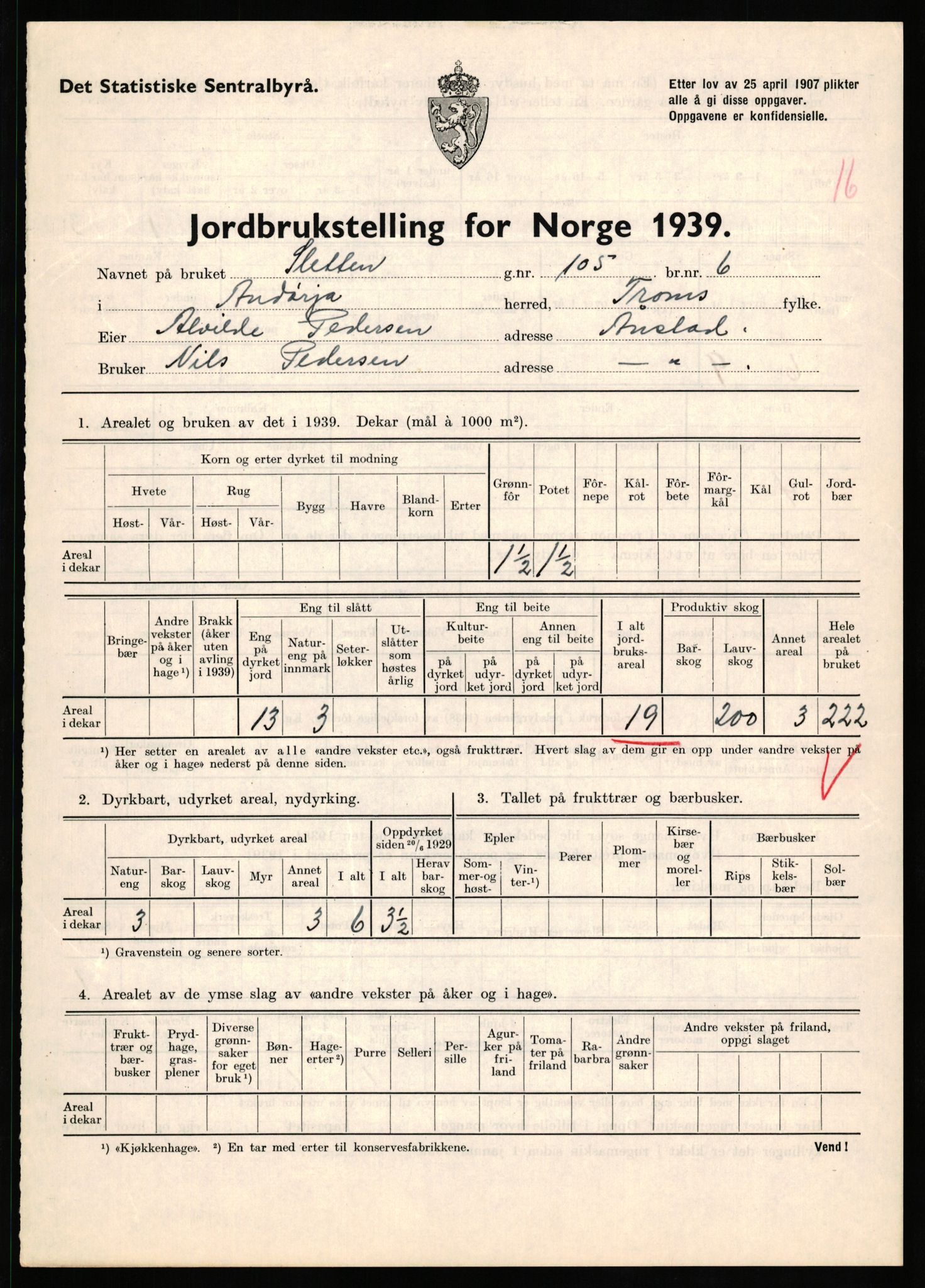 Statistisk sentralbyrå, Næringsøkonomiske emner, Jordbruk, skogbruk, jakt, fiske og fangst, AV/RA-S-2234/G/Gb/L0339: Troms: Andørja, Astafjord og Lavangen, 1939, p. 556