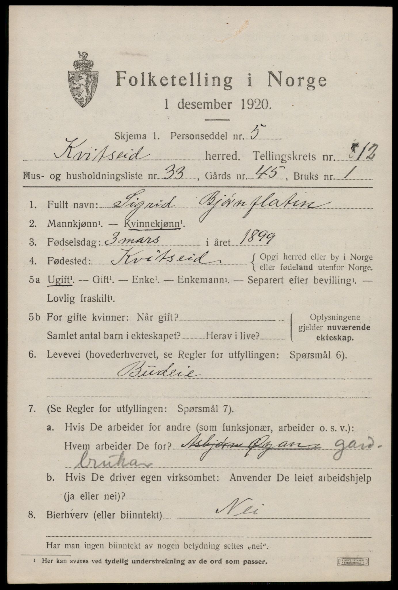 SAKO, 1920 census for Kviteseid, 1920, p. 6201